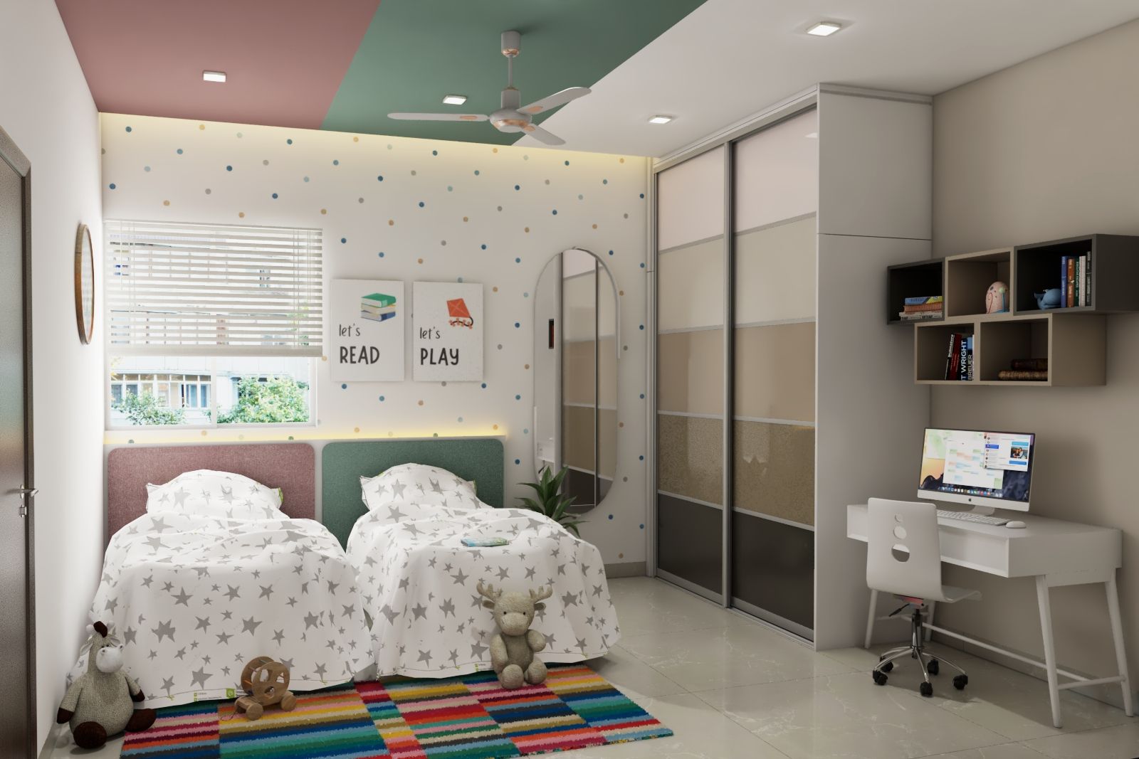 Modern Kids Room Design With Two Single Cots And Bright Cove Lighting