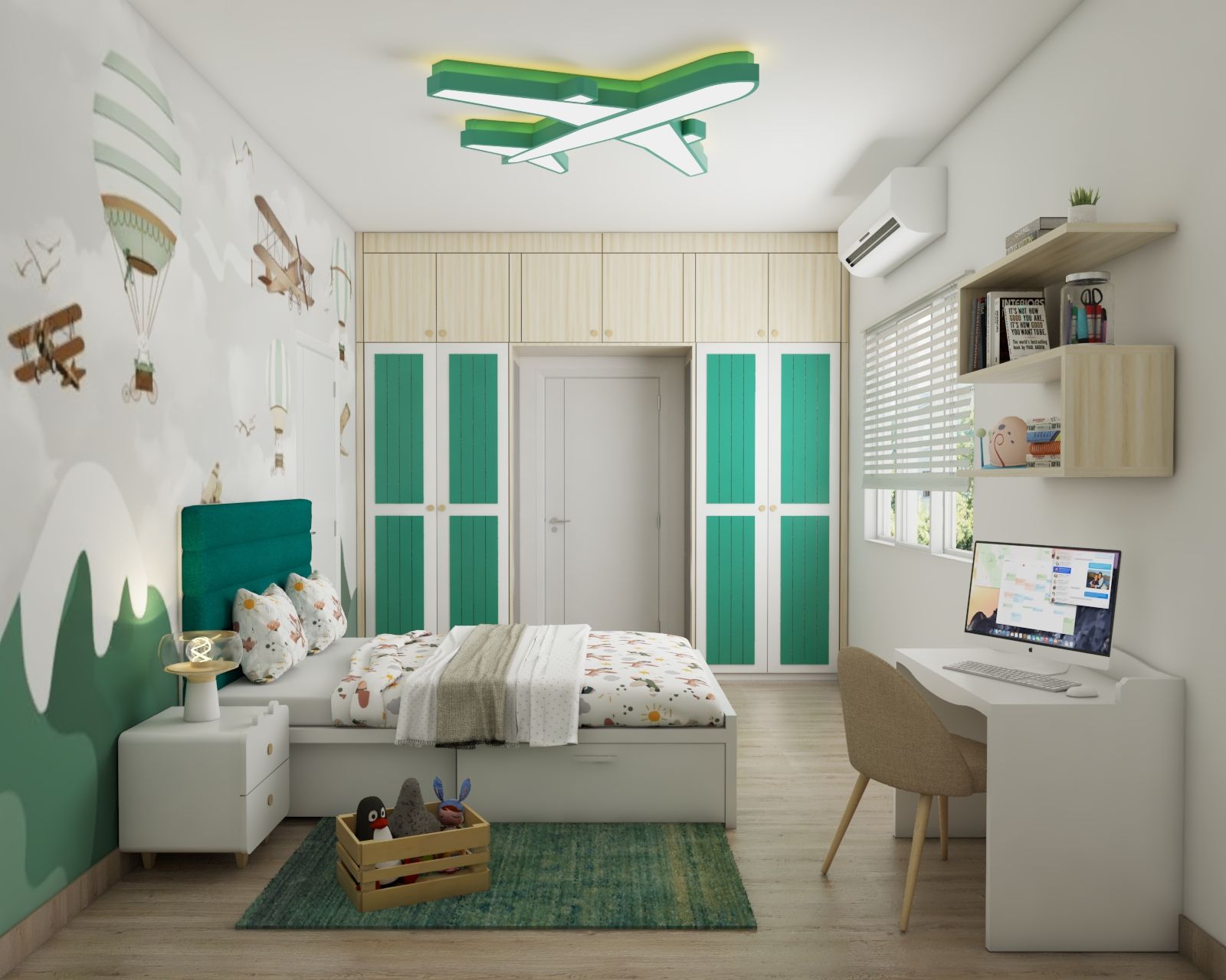 Contemporary Kids Room With Double Bed And A Study Unit