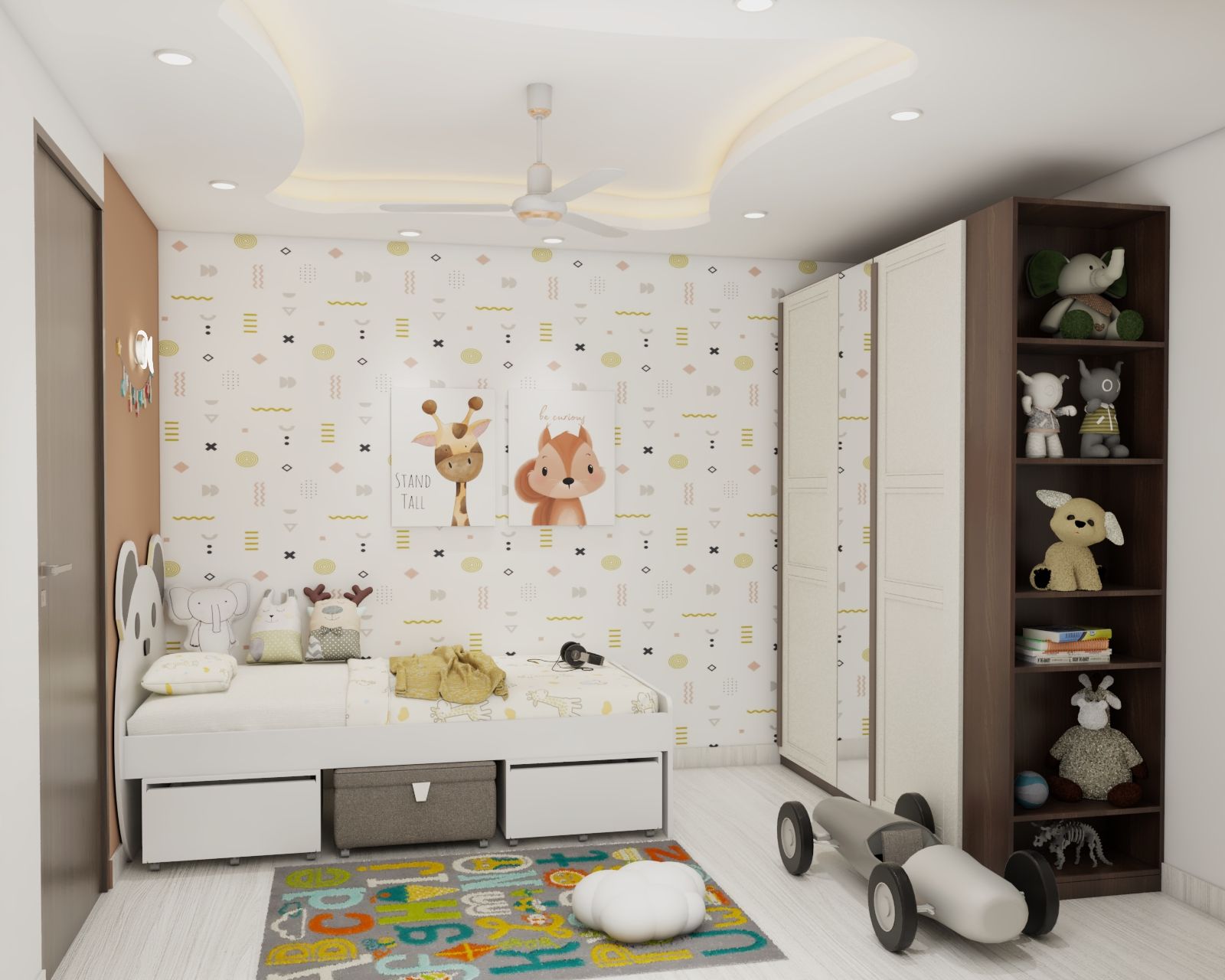 Modern Kids Room Design With A Single Bed And Open Storage