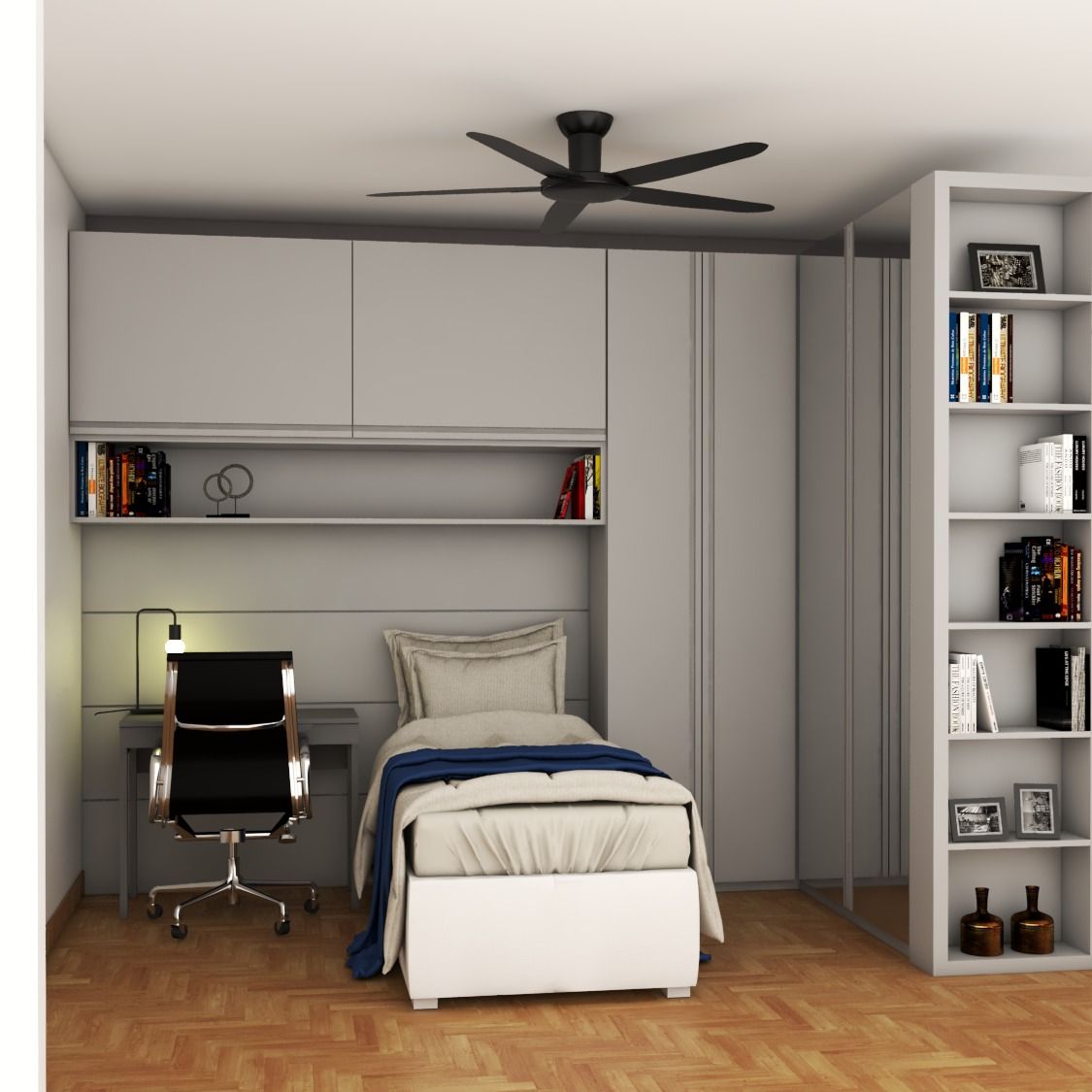 Modern Kids Room With A White Single Bed And Study Unit