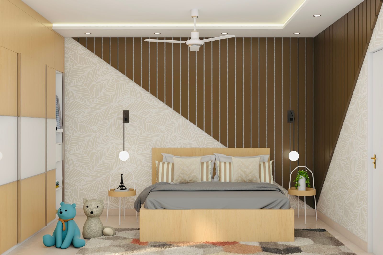 Contemporary Kids Bedroom Design With A King Size Bed And Sliding Wardrobe