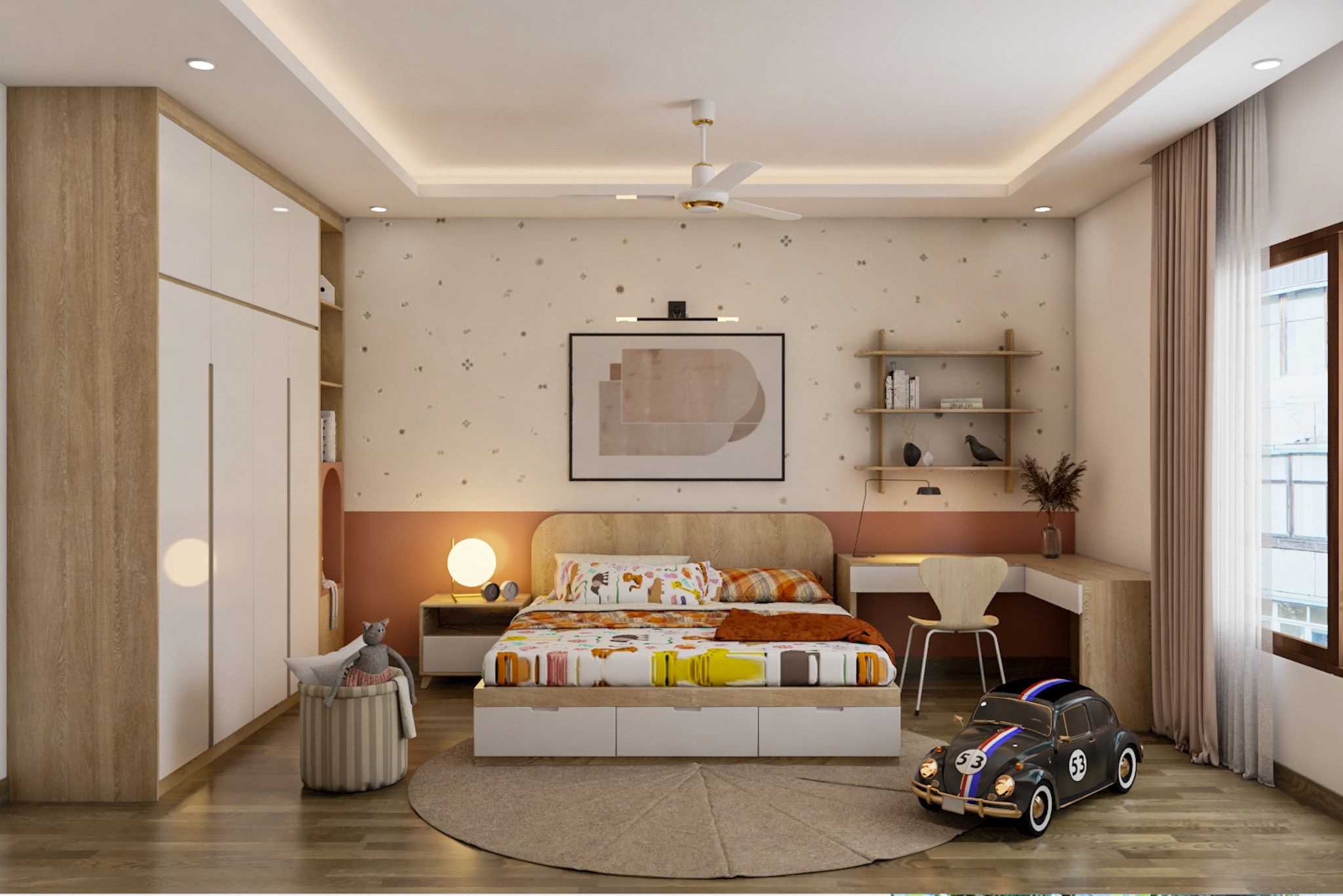 Contemporary Kids Bedroom Design With Swing Wardrobe And Loft Storage