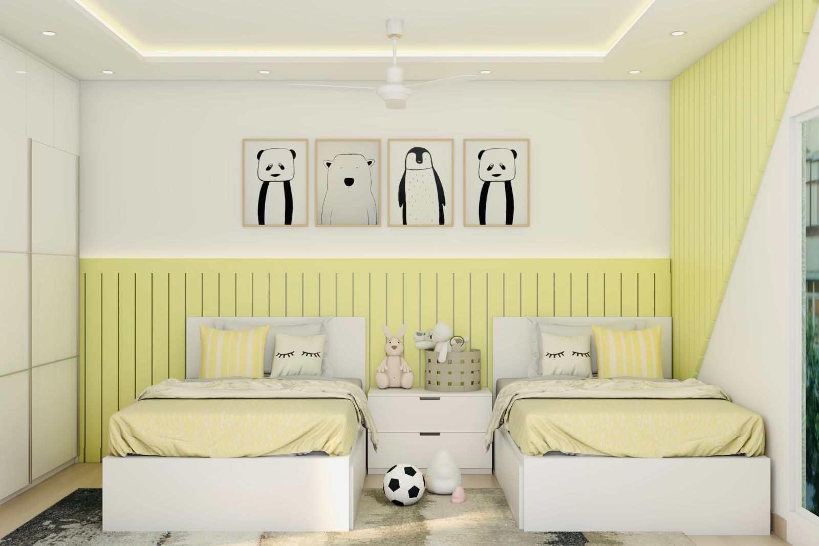 Modern Kids Room Design With 2 Beds And Loft Storage