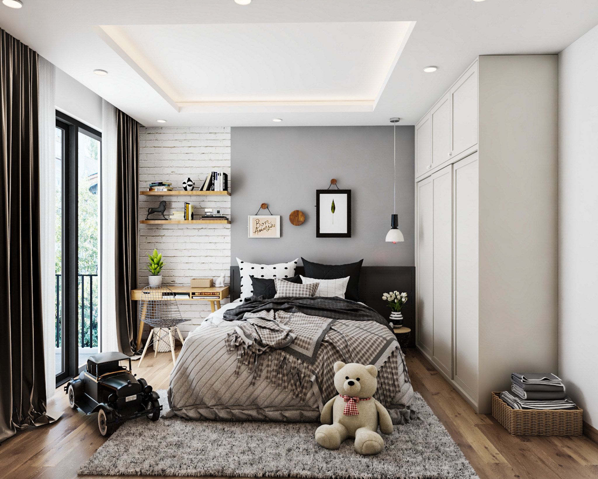 Modern Kids Room Design With A Queen Size Bed And A Sliding Wardrobe