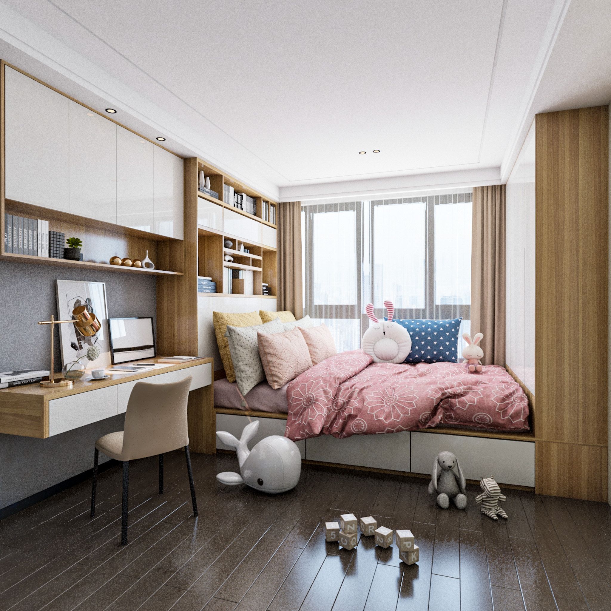 Contemporary Kids Room Design With A Study Unit And Loft Storage