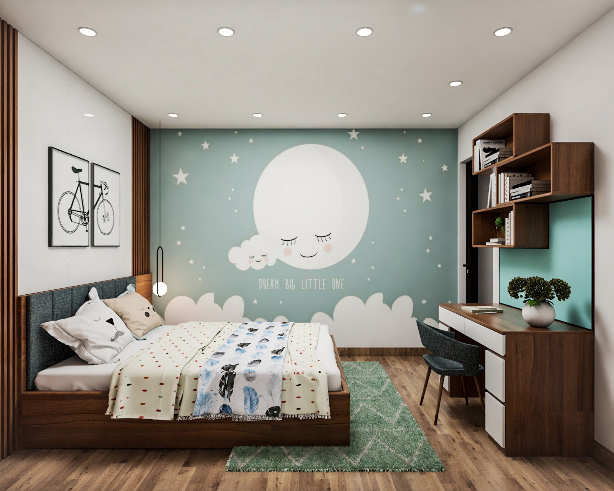 Modern Kids Room Design With A Wooden Queen Size Bed And Grey Headboard