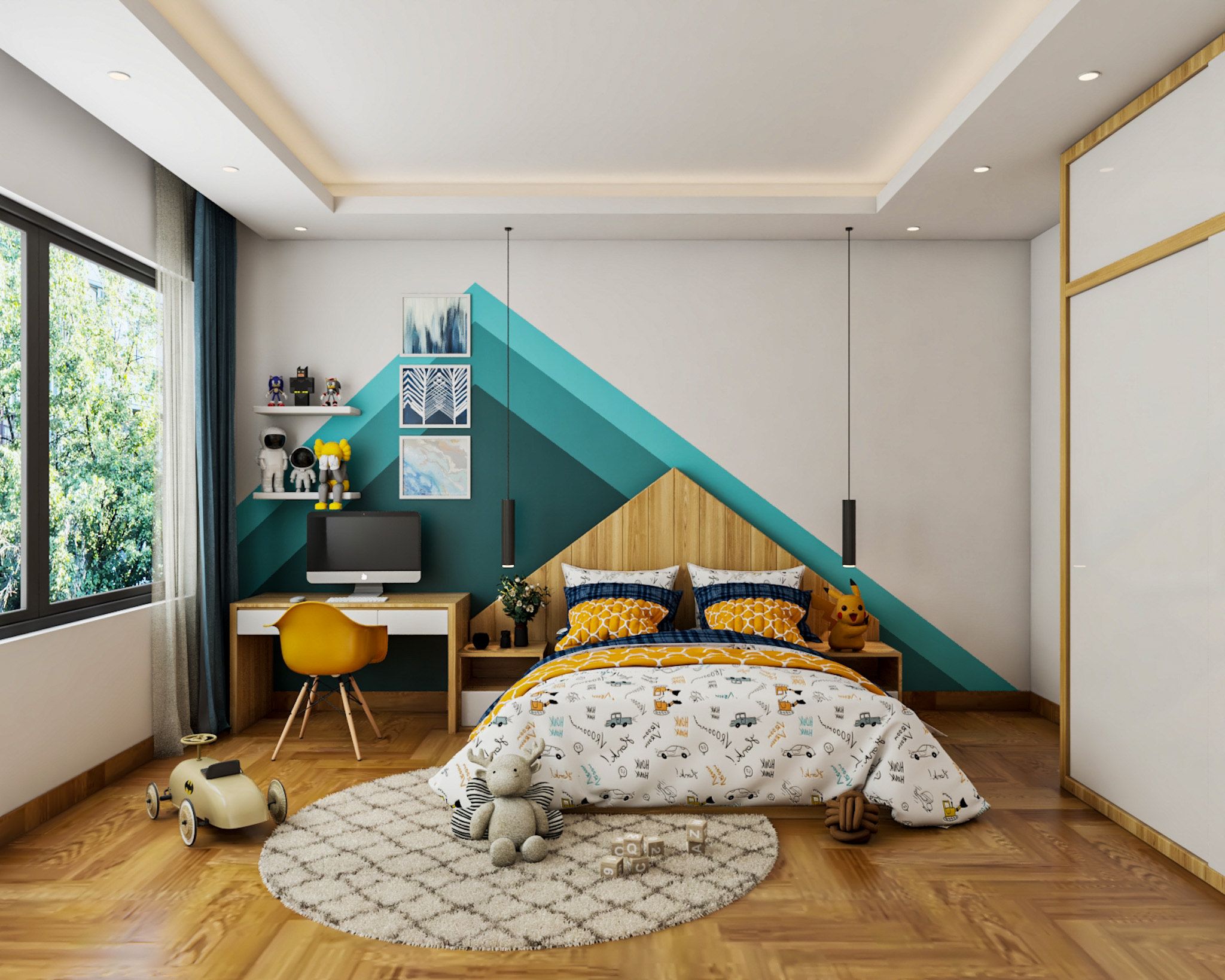 Modern Kids Room Design With A King Size Bed And A Compact Study Unit