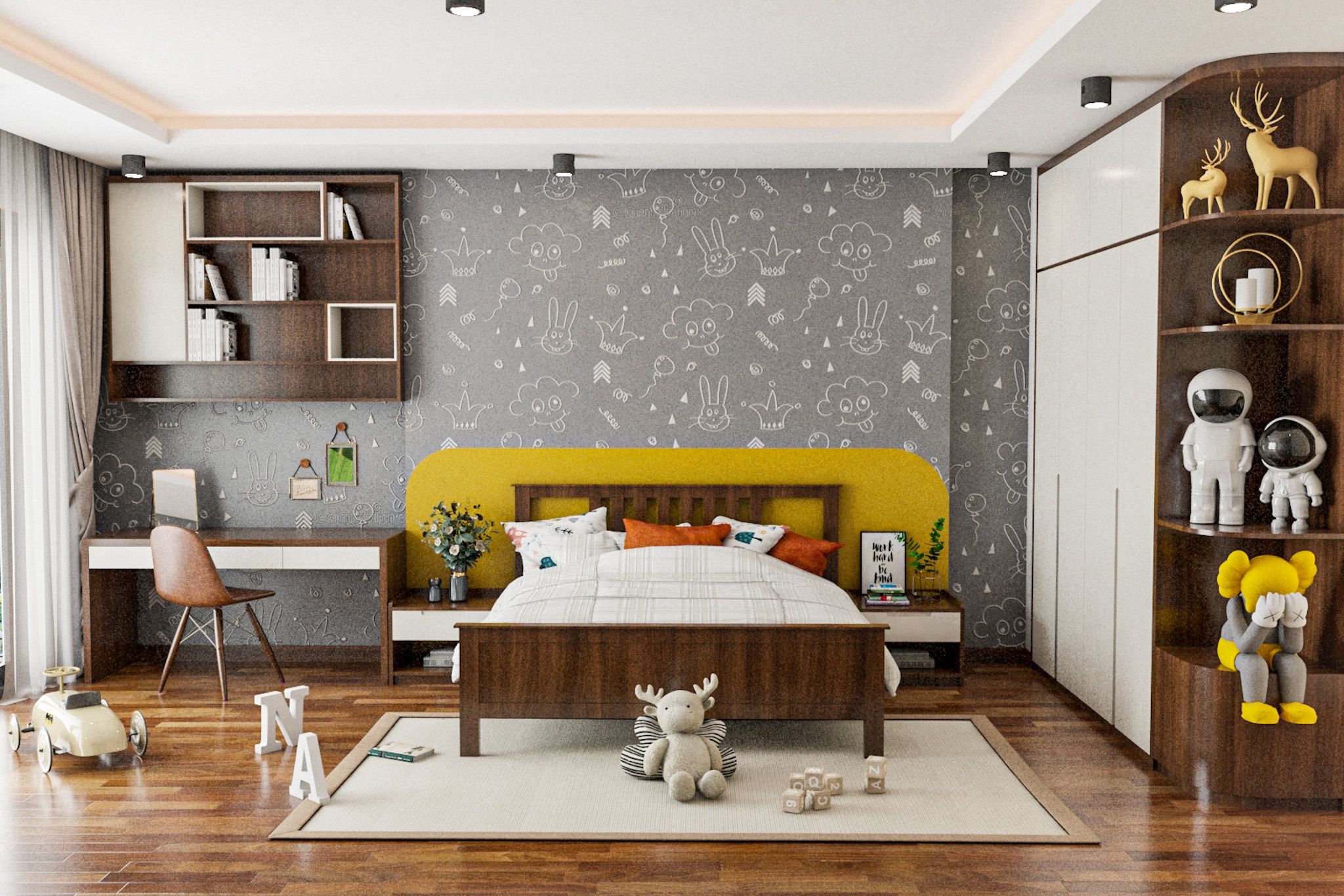 Modern Kids Room With A Wooden Queen Size Bed And Side Tables