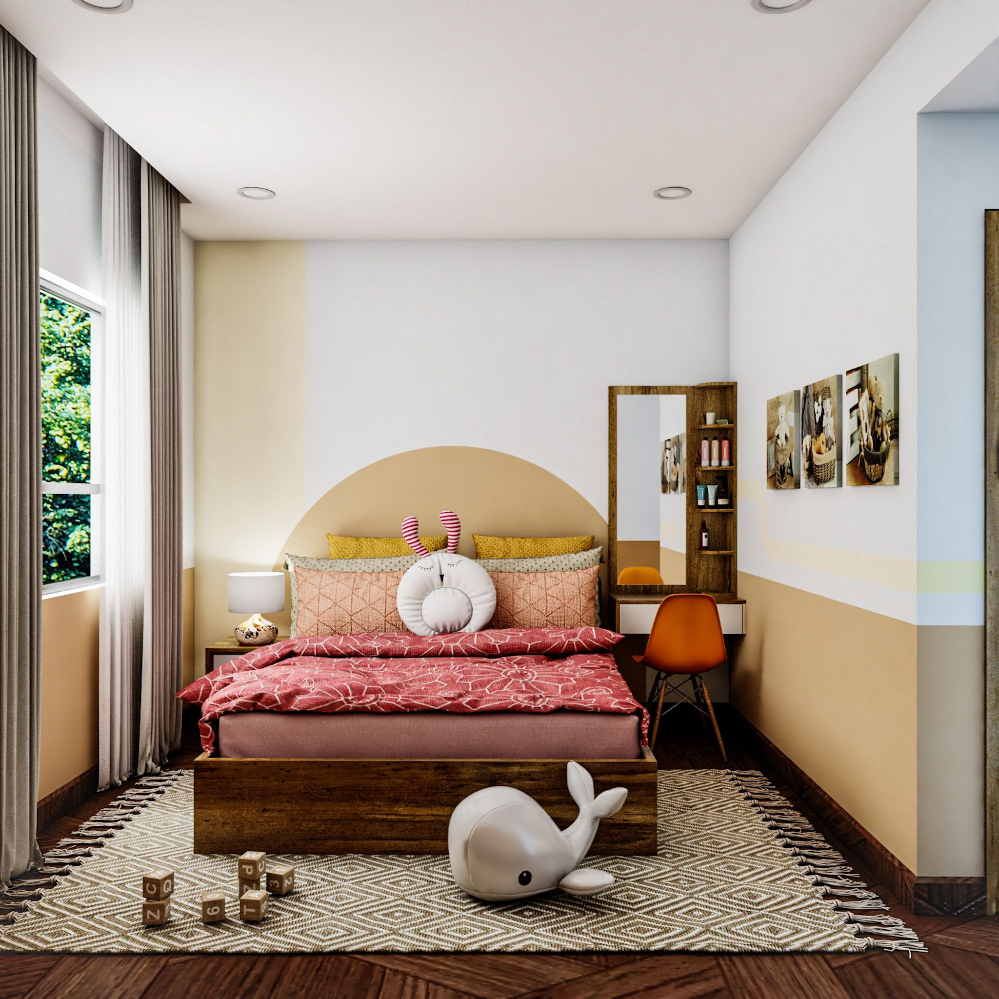 Contemporary Kids Room With A Wooden Double Bed And Dual-Tone Wall Design