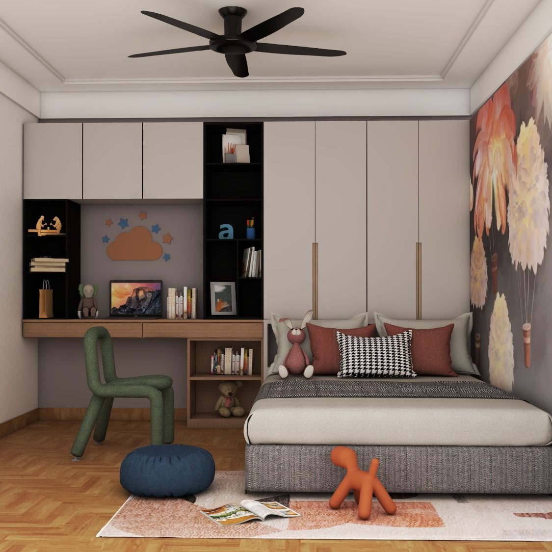 Minimal Kids Room Design With A Platform Bed And A Swing Wardrobe