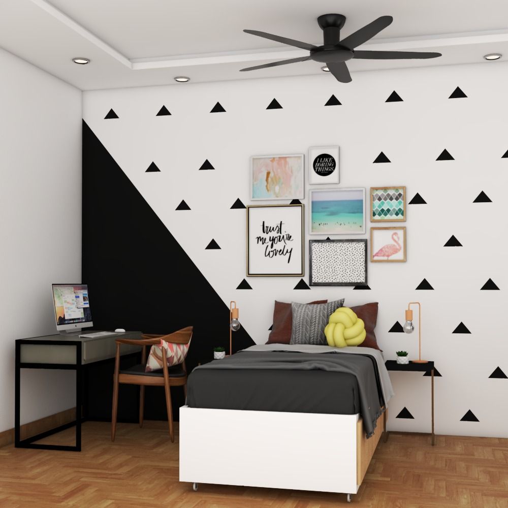 Minimal Kids Room Design With A Single Cot And Herringbone-Patterned Wooden Flooring