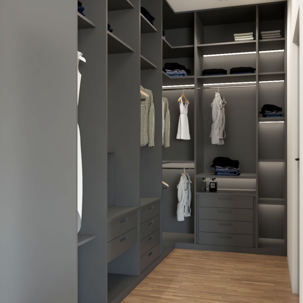 L-Shaped Grey Wardrobe Design | Livspace
