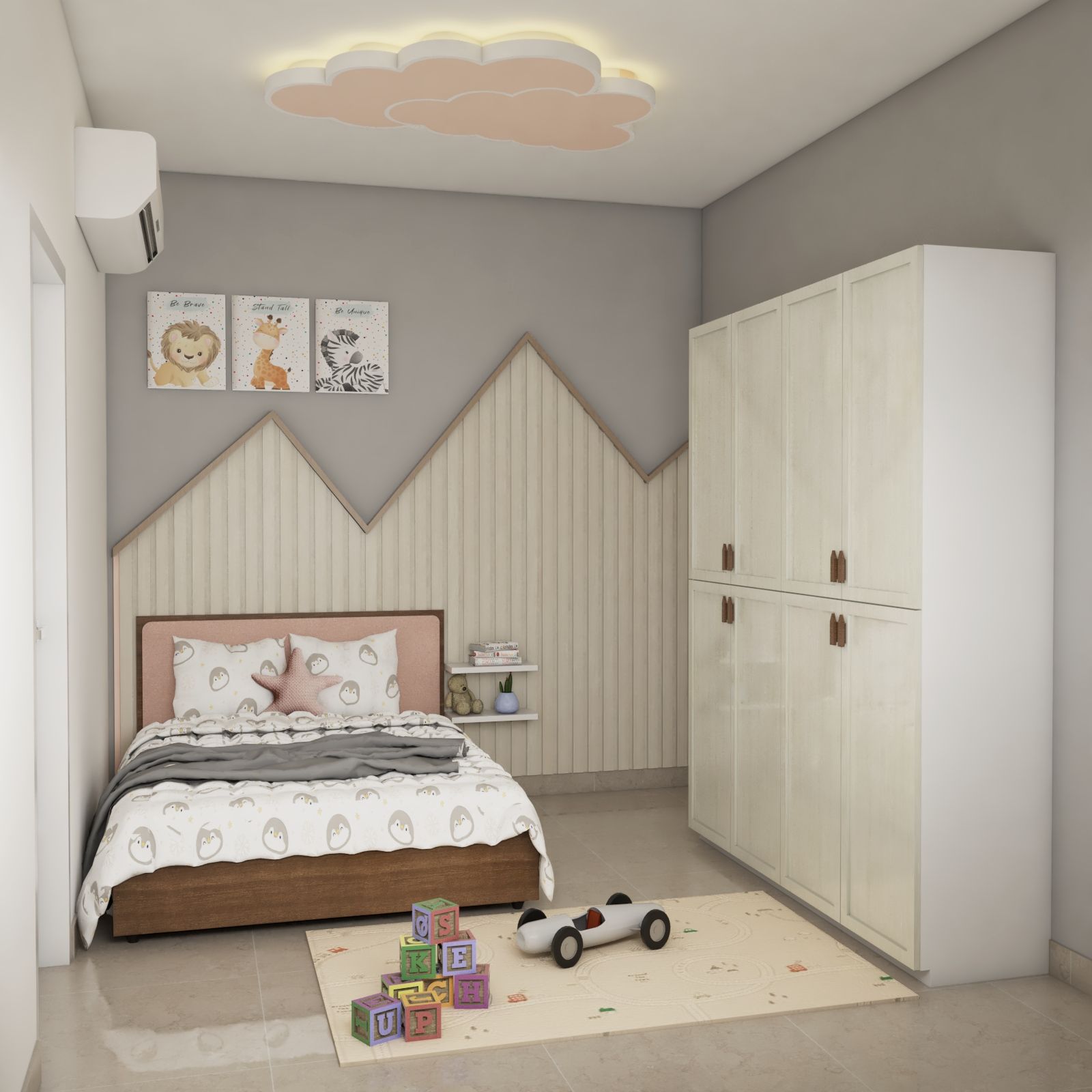 Compact Kid's Bedroom Design With A Designed CloudShaped Lamp Livspace