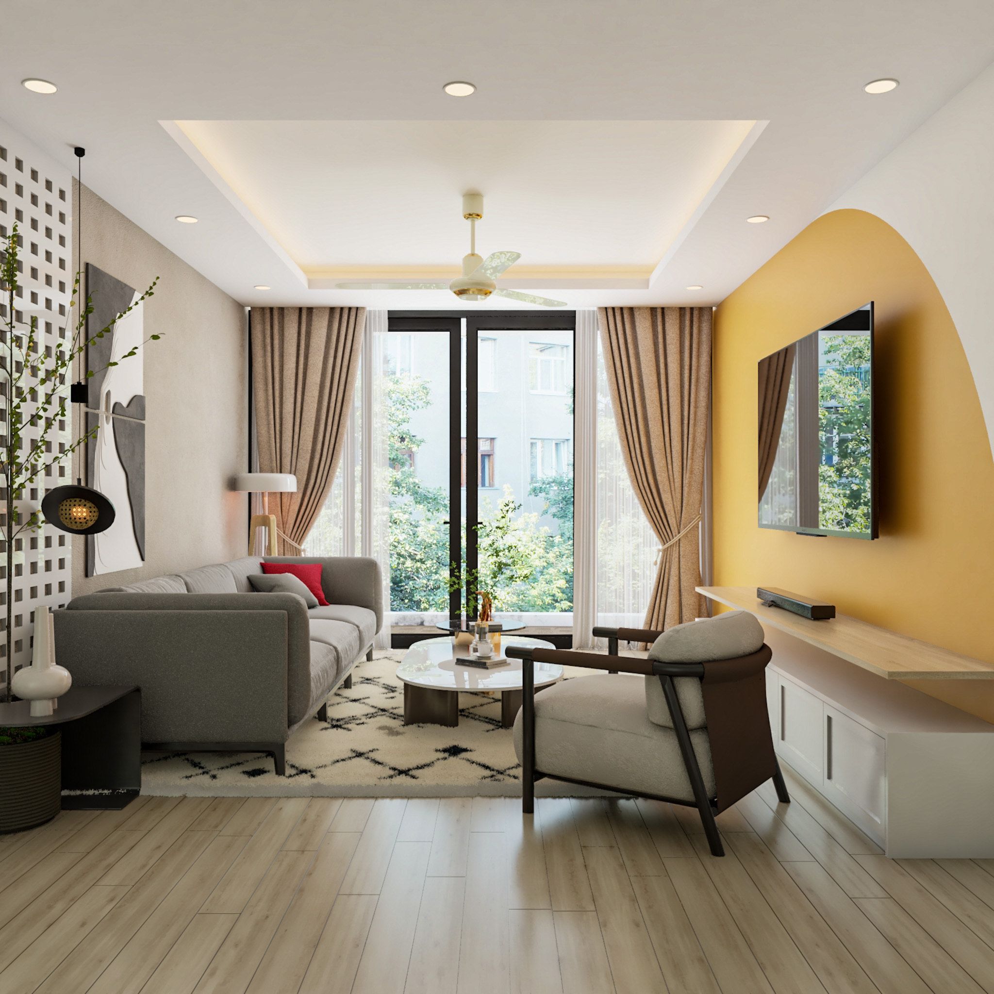 Modern Living Room Design With Grey Upholstered Sofa