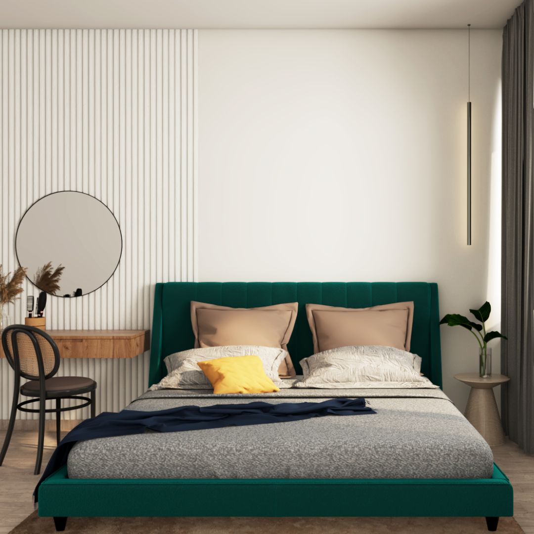 Contemporary Bedroom Design With A Green Upholstered Bed And A Black Chair