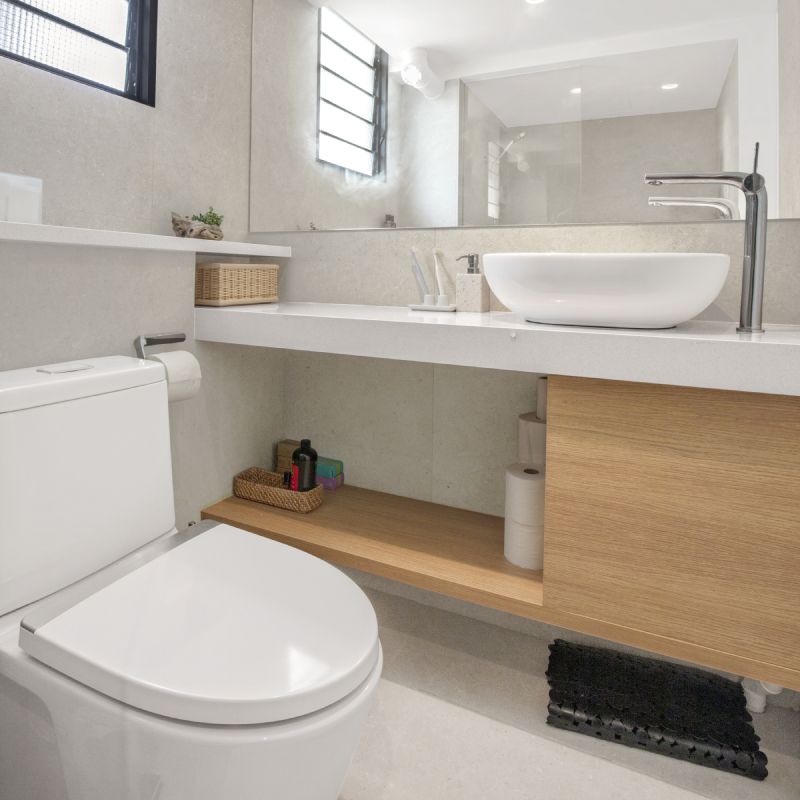 Neutral-Toned Bathroom Design With A Marble Countertop | Livspace