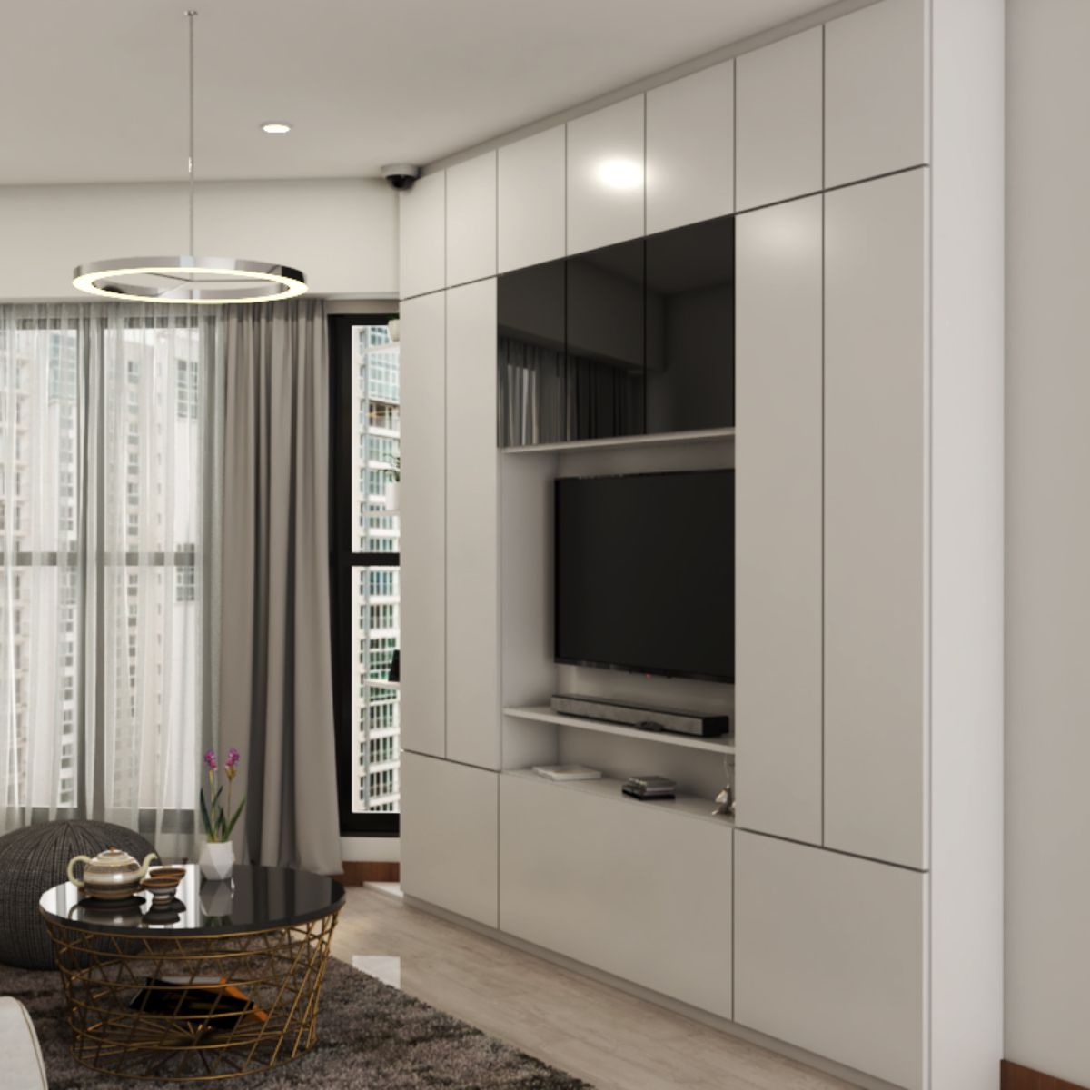 Contemporary Interior Design With A White TV Unit For Storage