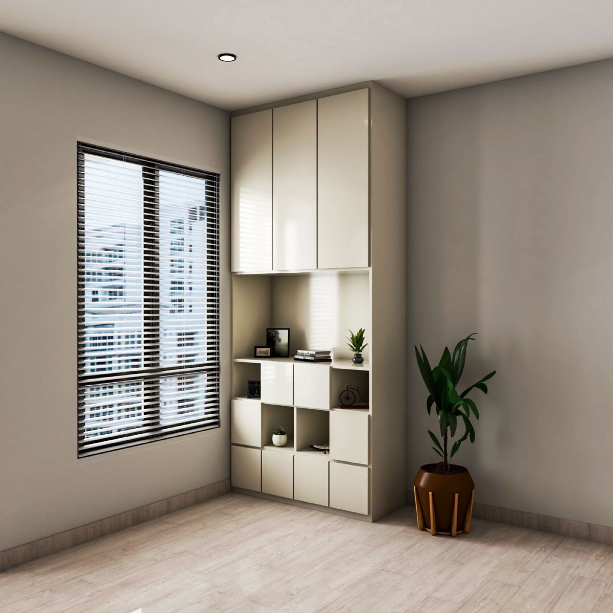 Contemporary Interior Design With A White Shuttered Storage Unit