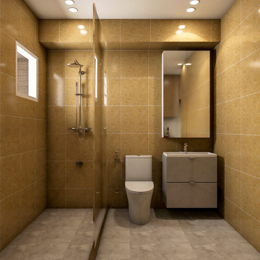 Contemporary Interior Design For Bathrooms With Glossy Beige Wall Dado