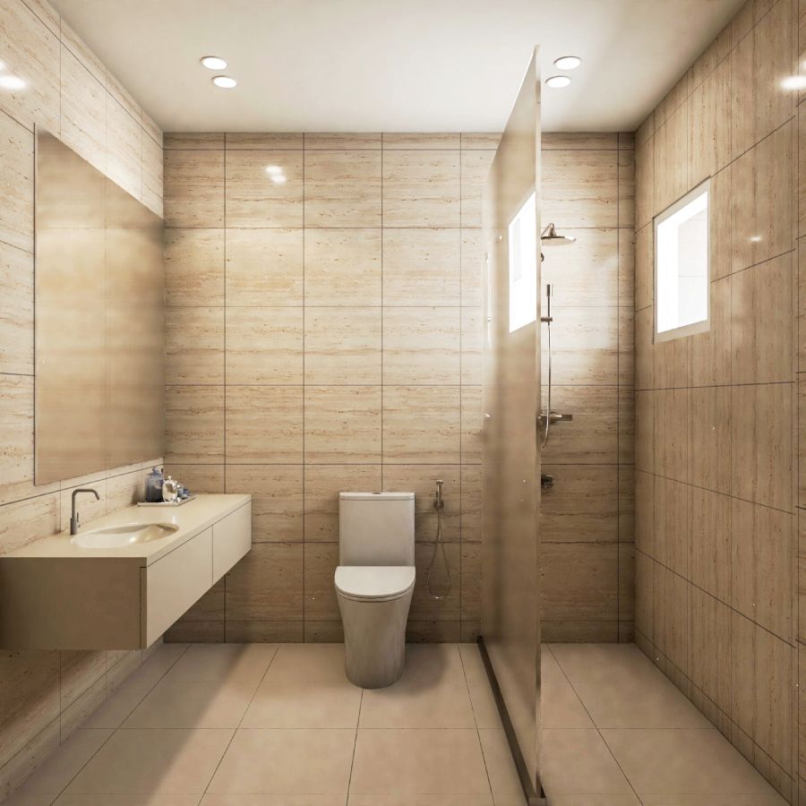 Contemporary Design For Bathrooms With A Wall-Mounted Beige Vanity Unit