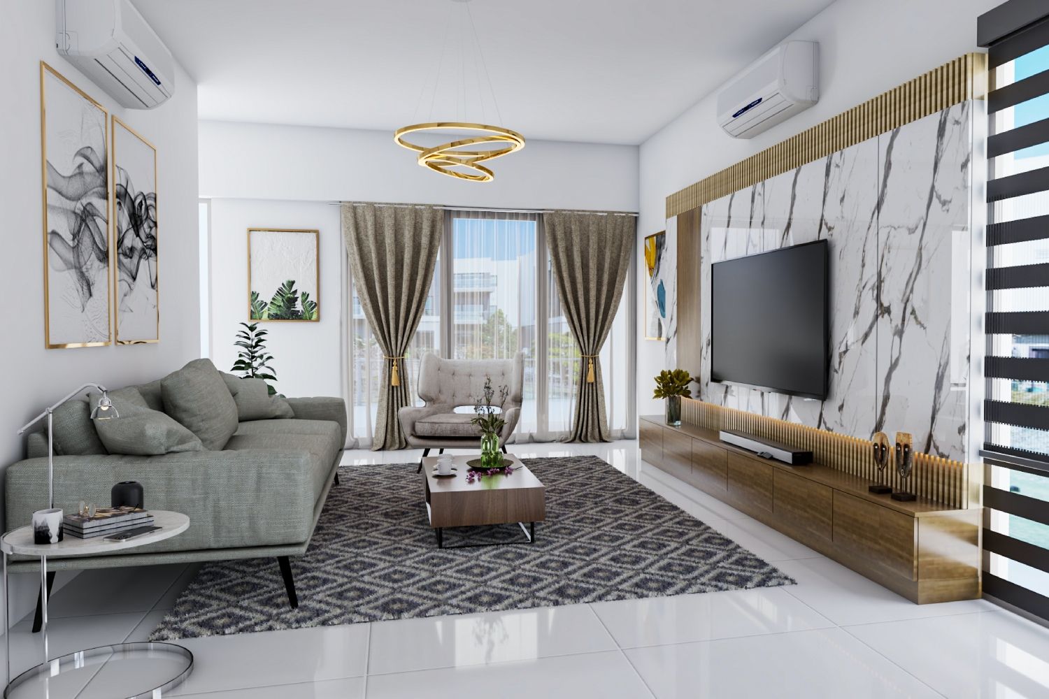 Contemporary Living Room Design With A 3-Seater Grey Sofa