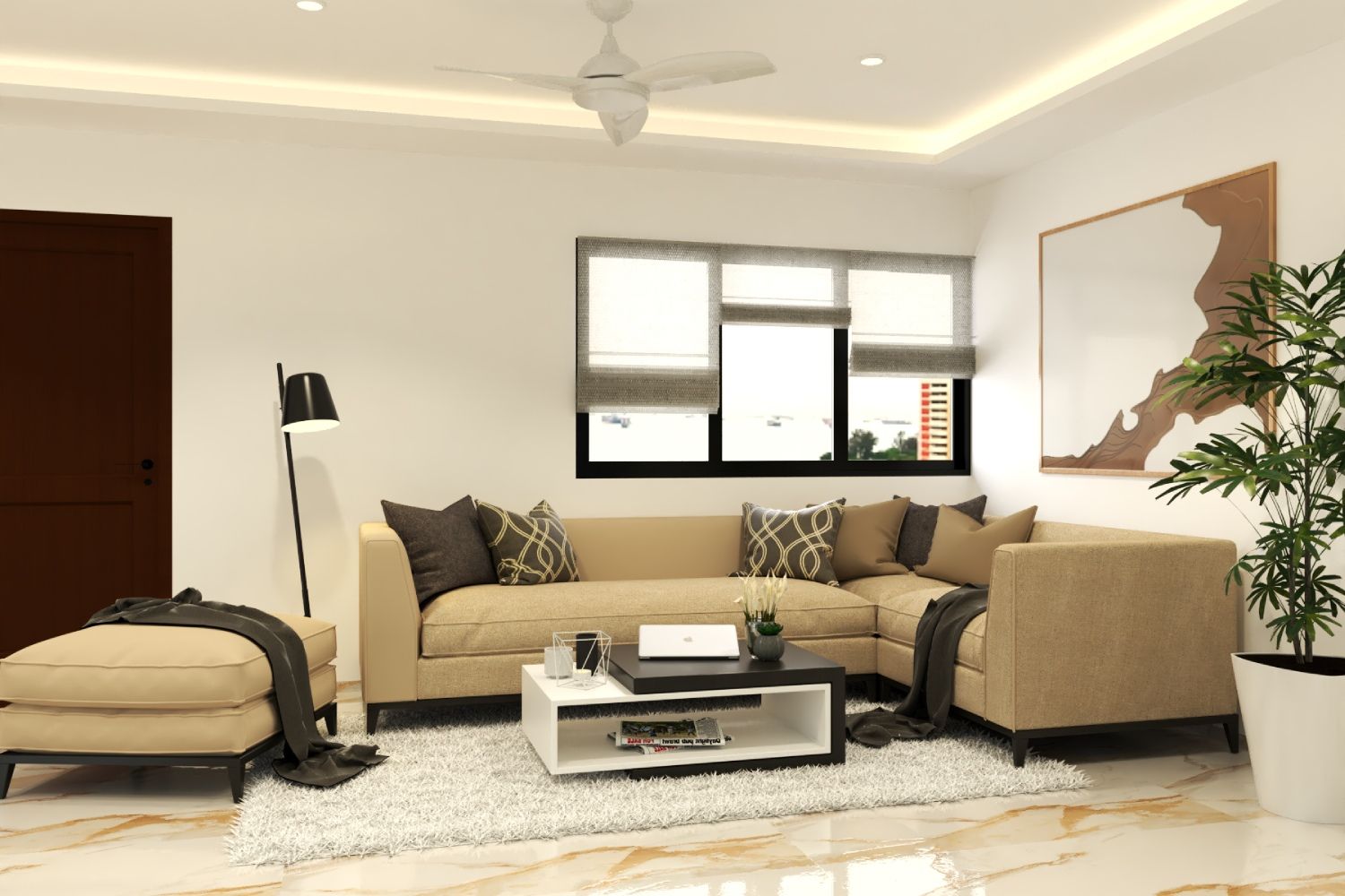 Contemporary Interior Design With An L-Shaped Beige Sofa