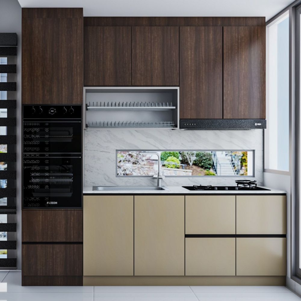 Modern Beige And Brown Laminate Design For Kitchen Cabinets