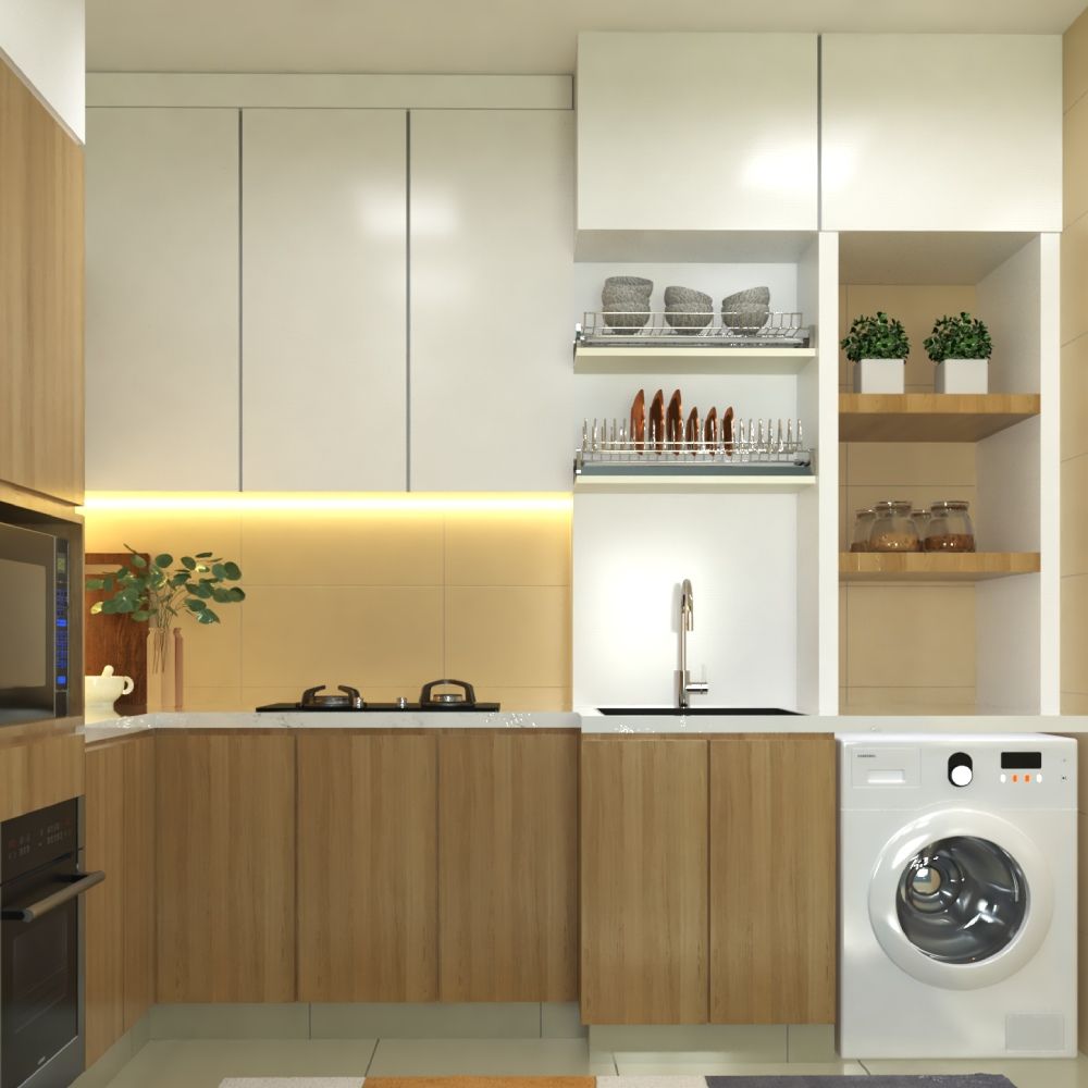 Scandinavian White And Oak Laminate Design For Kitchen Cabinets
