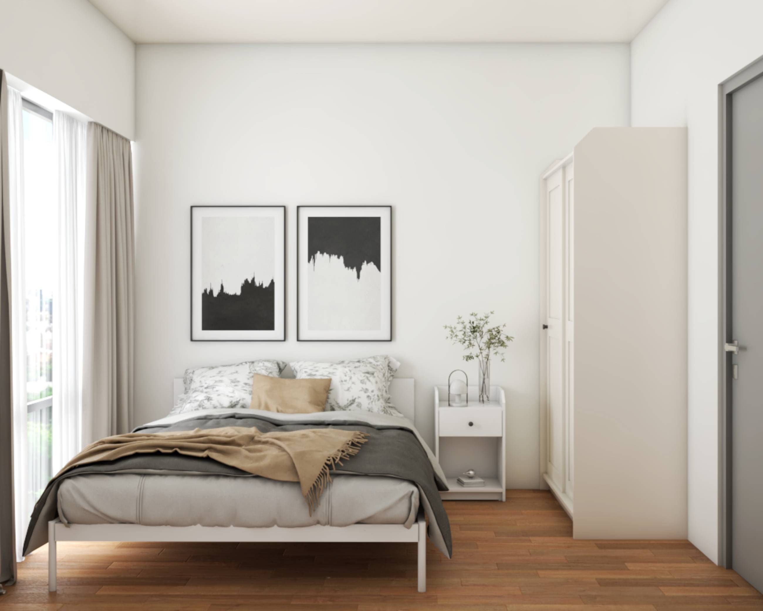 Scandinavian Bedroom Design With White Sliding Wardrobe