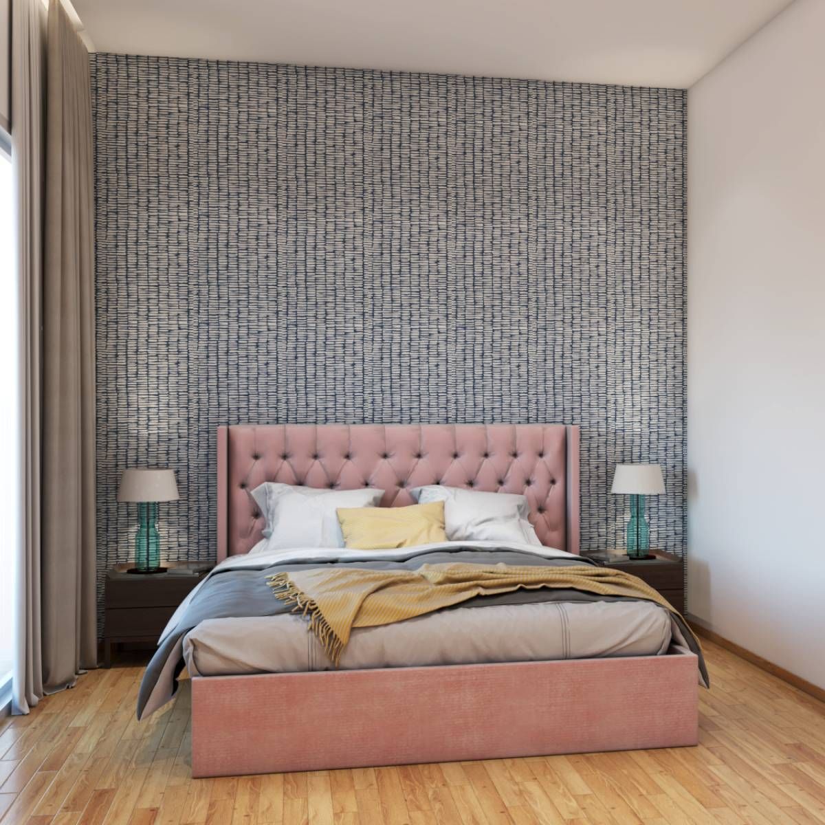 Modern Bedroom Design With A Pink Queen Size Bed And A Fabric Headboard