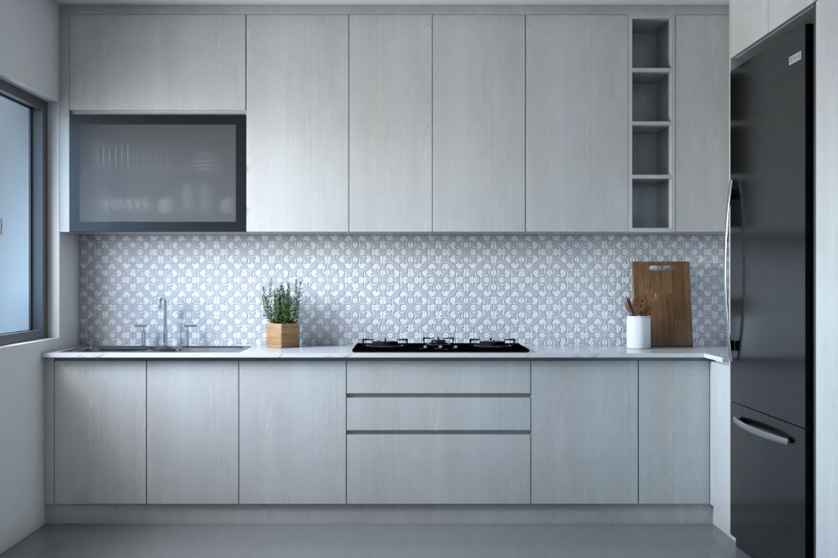 Minimalist Kitchen Design With Textured Dado Tiles | Livspace