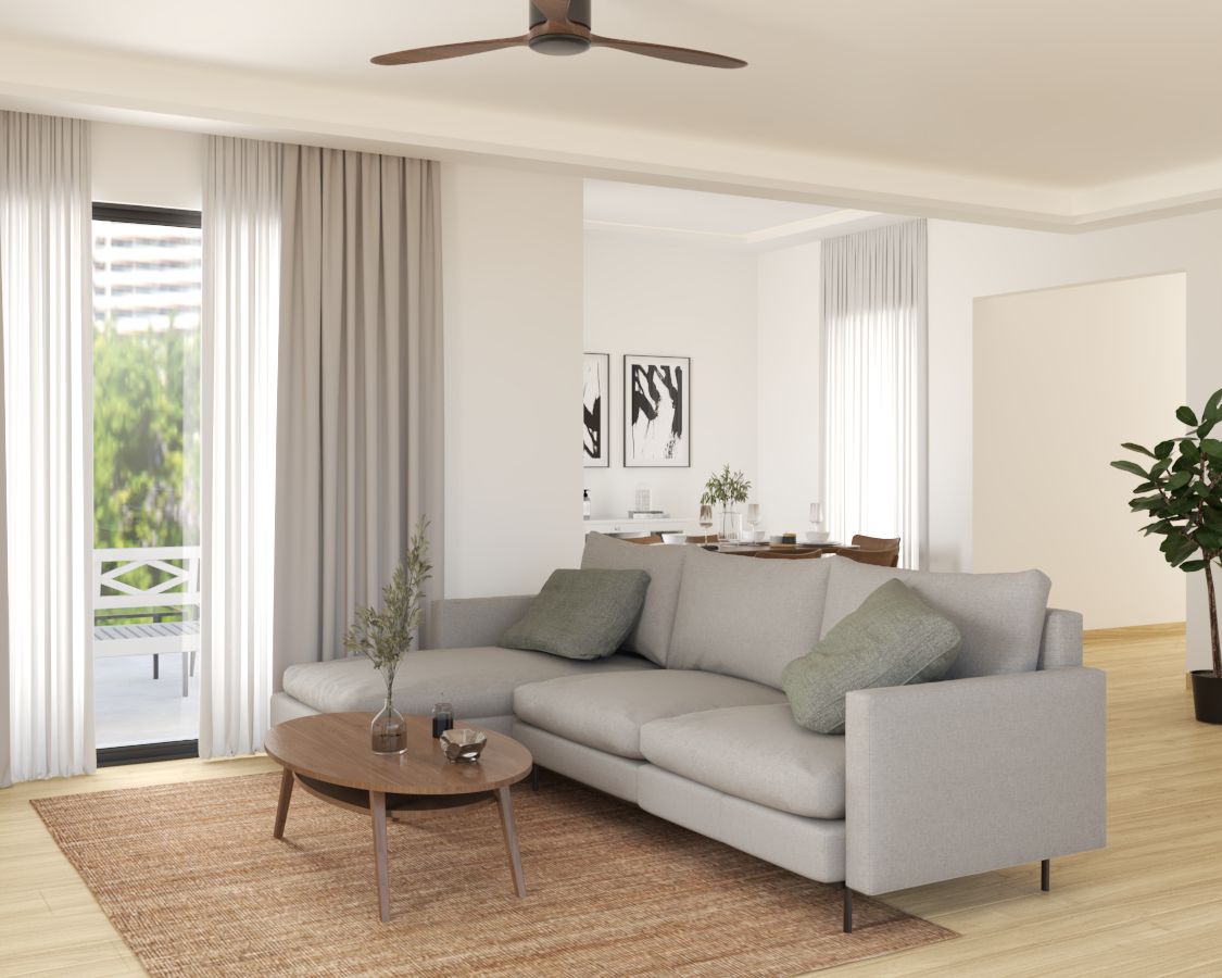 Scandinavian Design With Grey Upholstered Sofa And Light Wooden Flooring