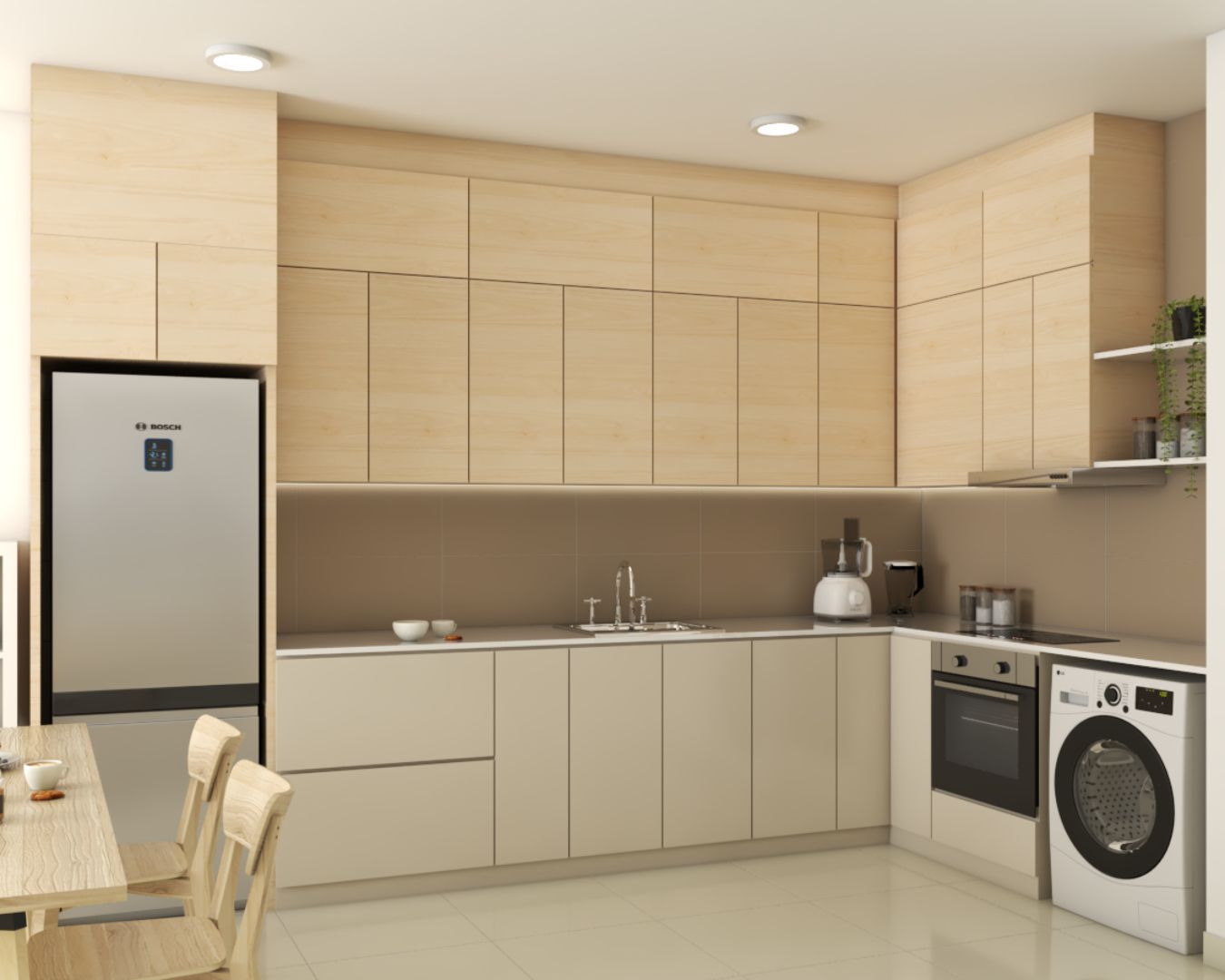 L-Shaped Kitchen With Beige Cabinets And A Scandinavian Design