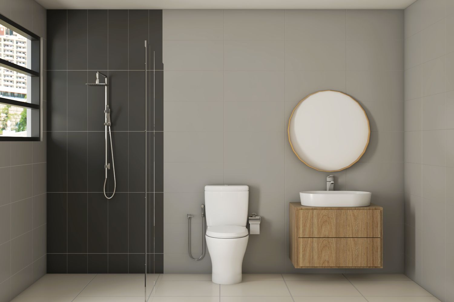 Scandinavian Grey Bathroom Design With Wooden Vanity Unit