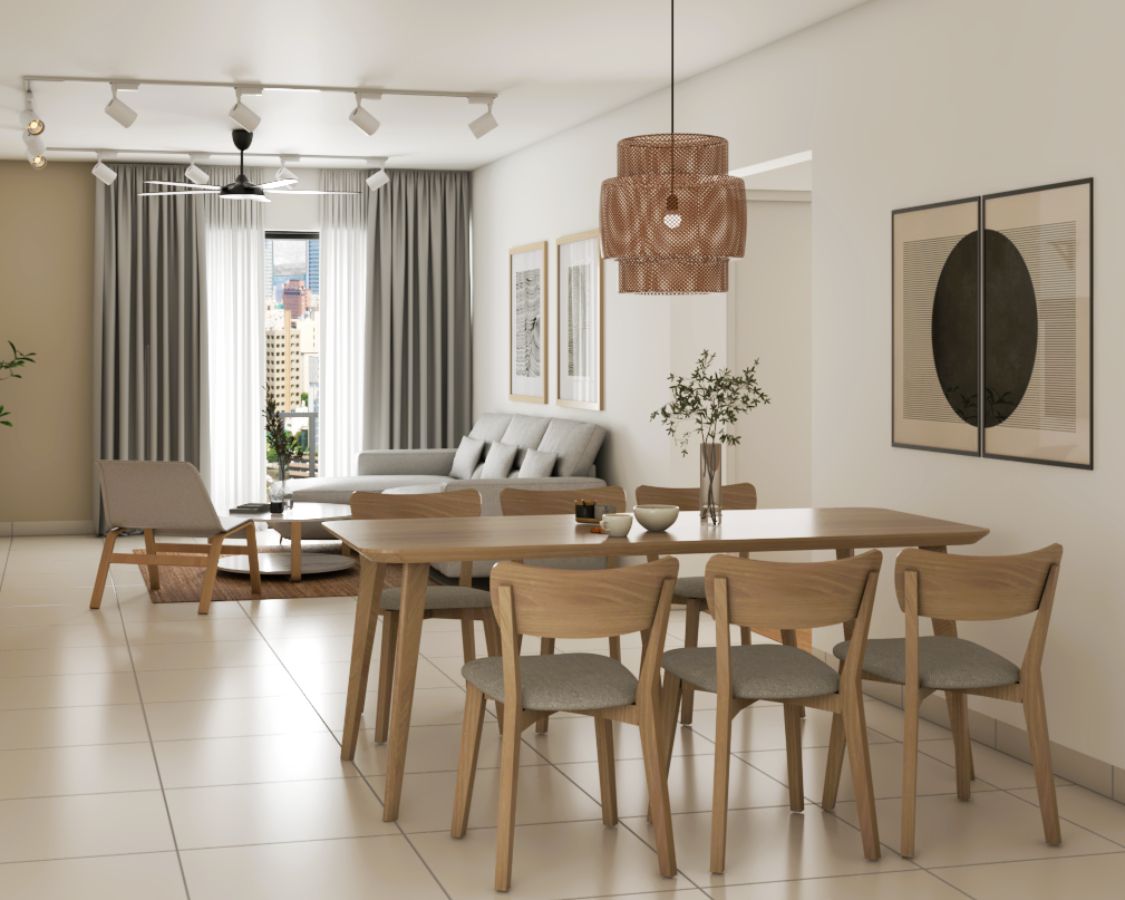 Scandinavian 6-Seater Dining Room Design With Rattan Lights