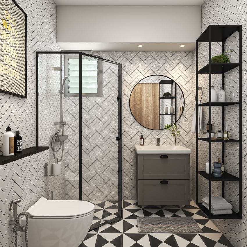 Herringbone Patterned Bathroom Wall Tiles Design With A Glossy Finish