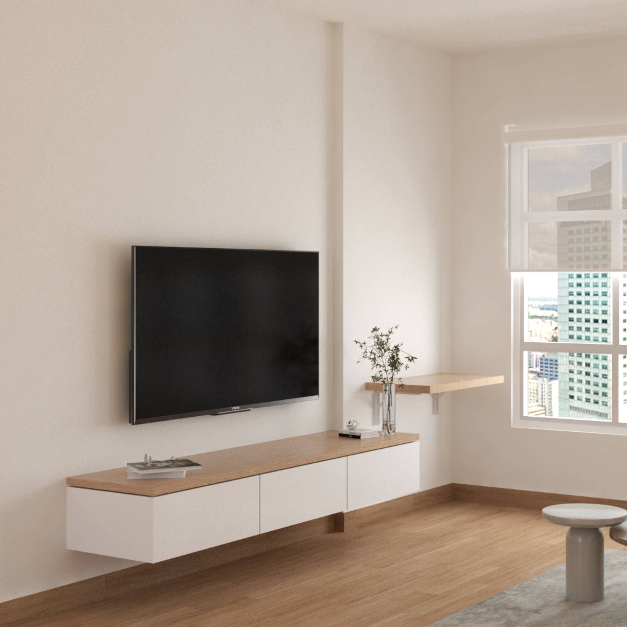 Scandinavian White And Wood TV Unit Design With Convertible Study Table