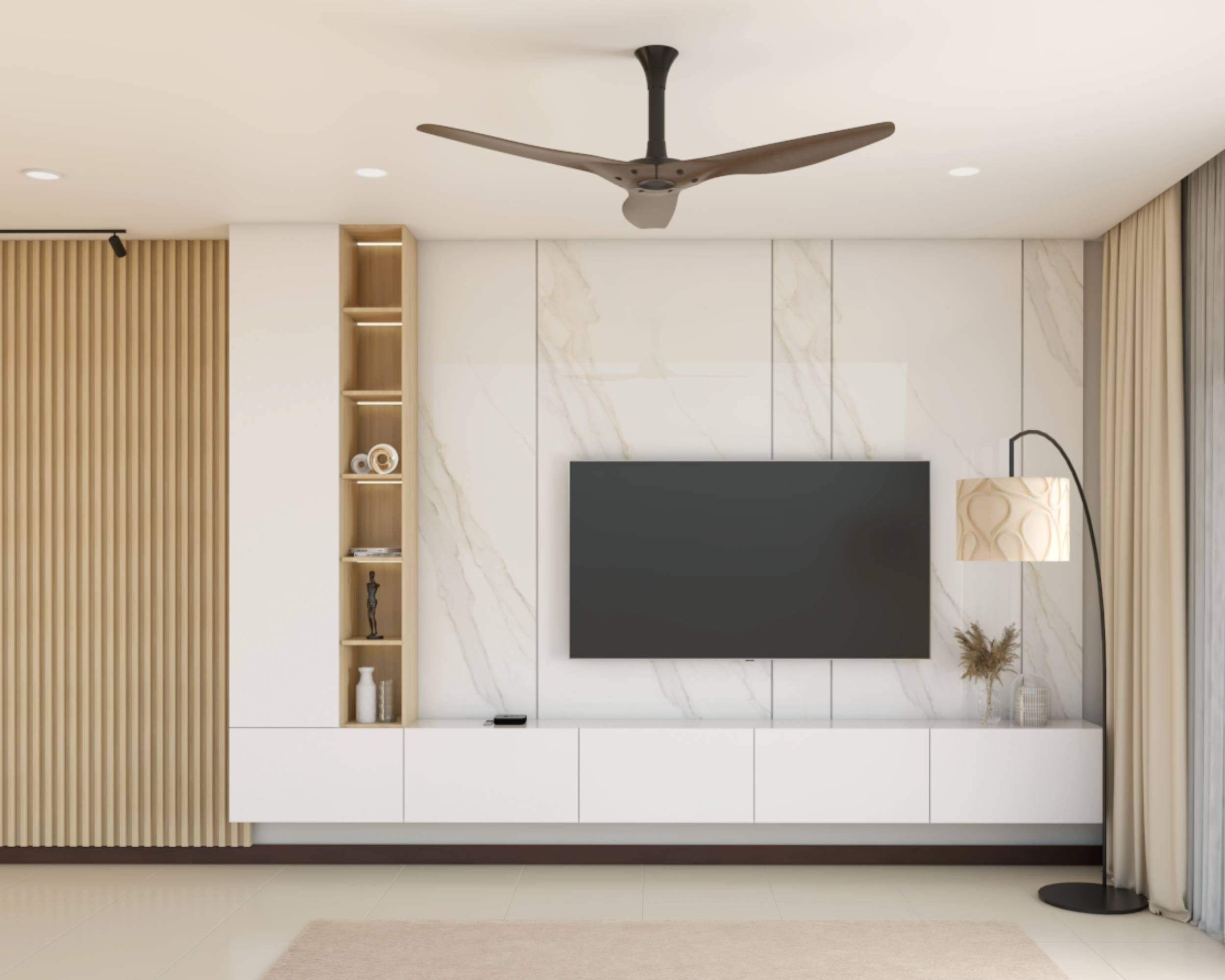 White And Beige Wall-Mounted TV Unit With A Minimalist Design