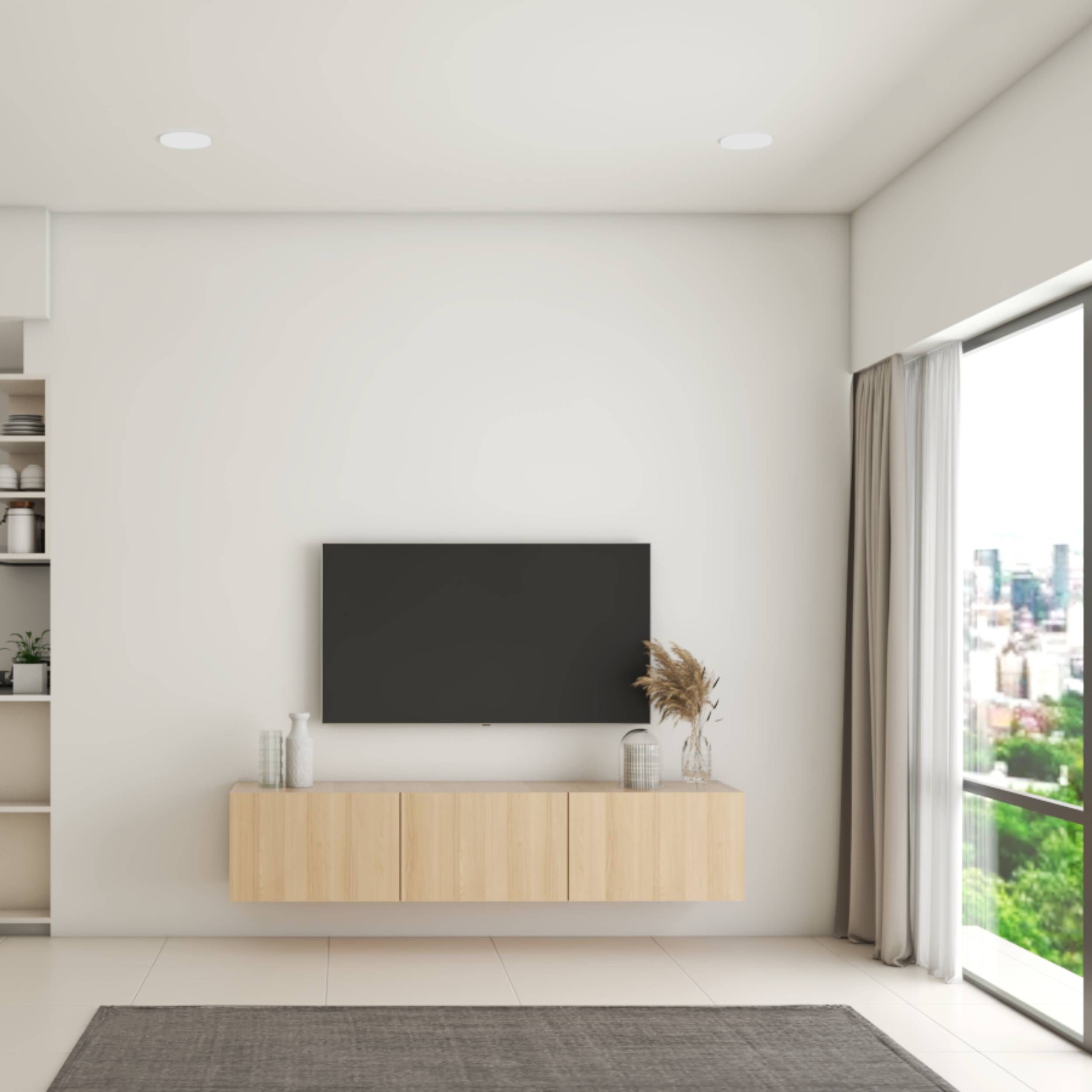 Scandinavian White And Wood TV Unit Design With Grey Rug