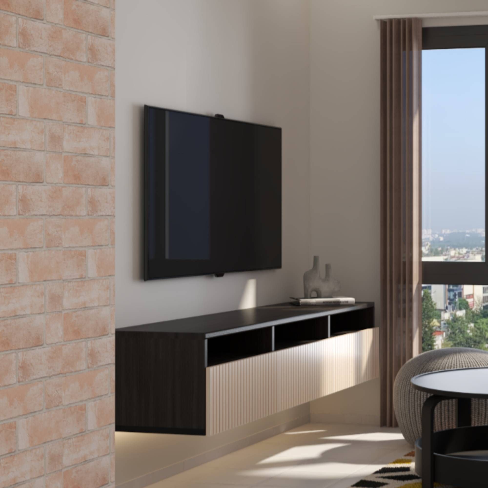 Contemporary TV Cabinet Design With Suspended Wall Storage Unit