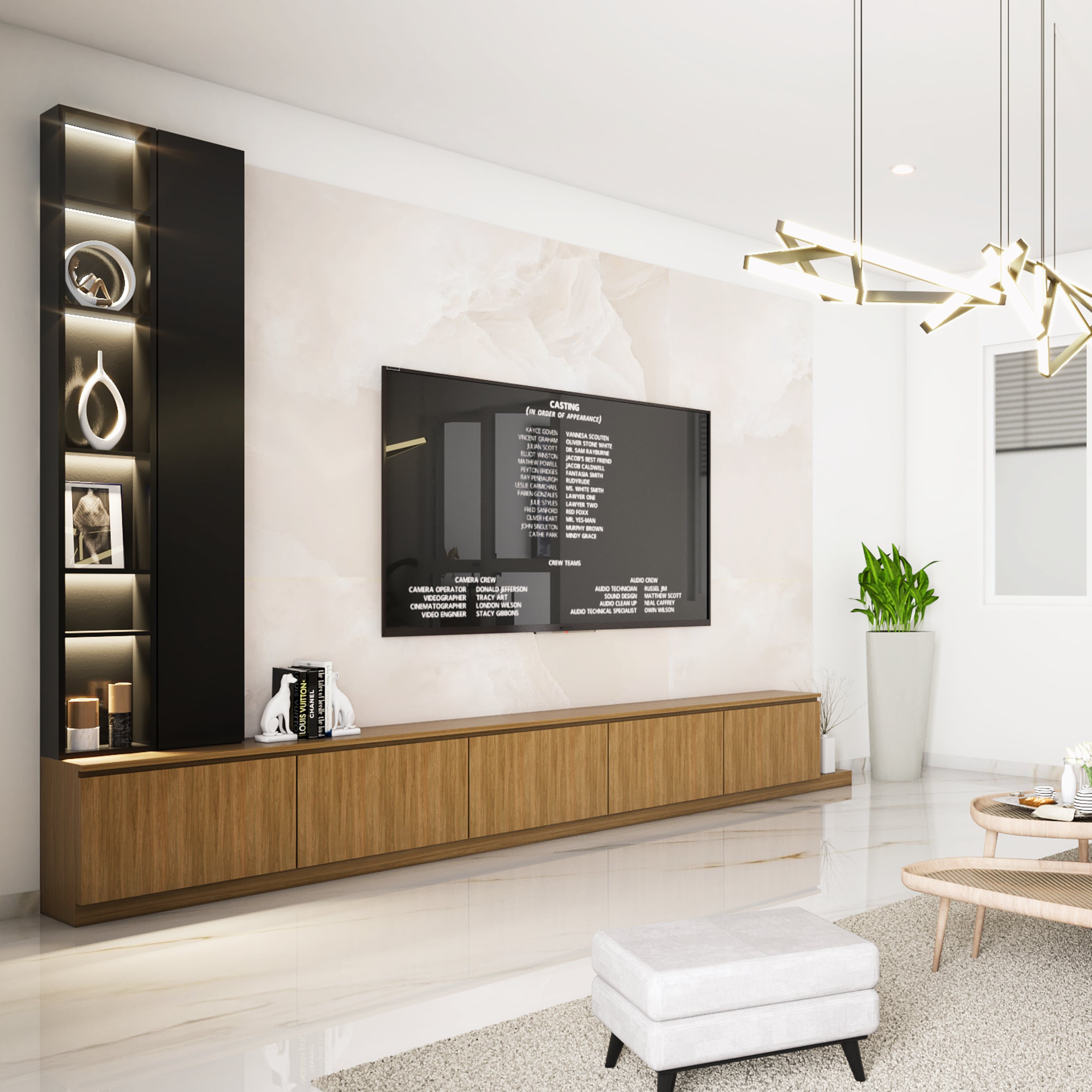 LShaped TV Unit Design With Strip Lighting Livspace