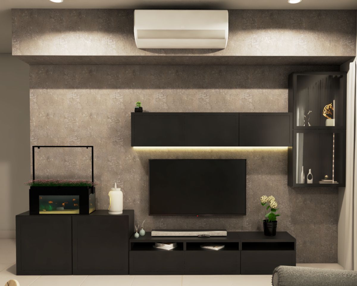 Spacious TV Unit Design With A Textured Wallpaper For The Back Wall ...