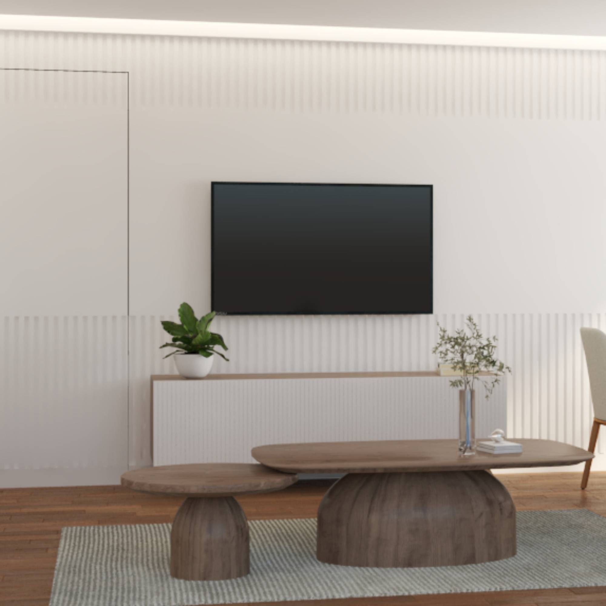 Floor-Mounted Modern TV Unit With White Fluted Panelling For The Back Wall
