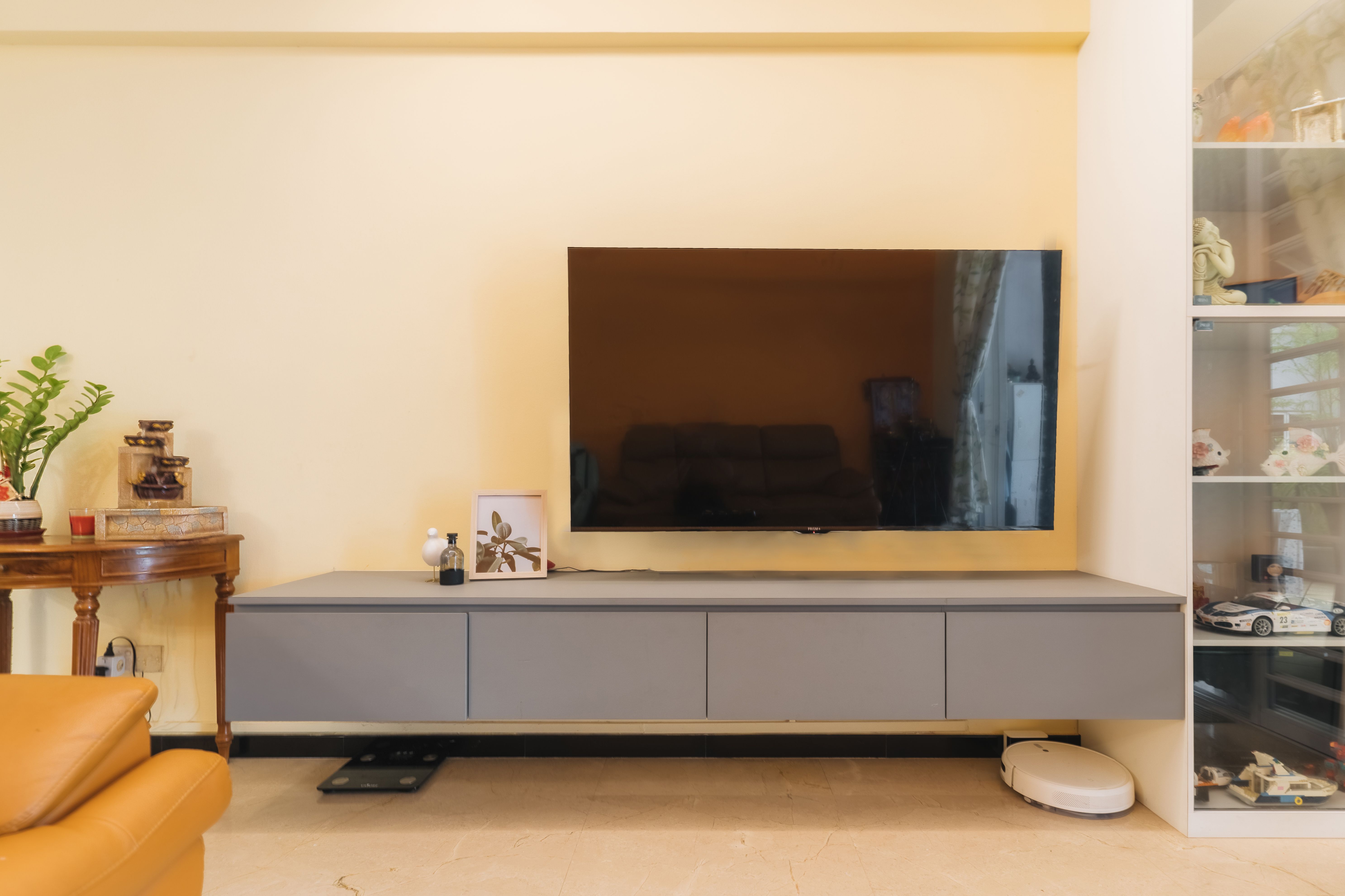 Light Grey TV Design With A Laminate Finish Livspace