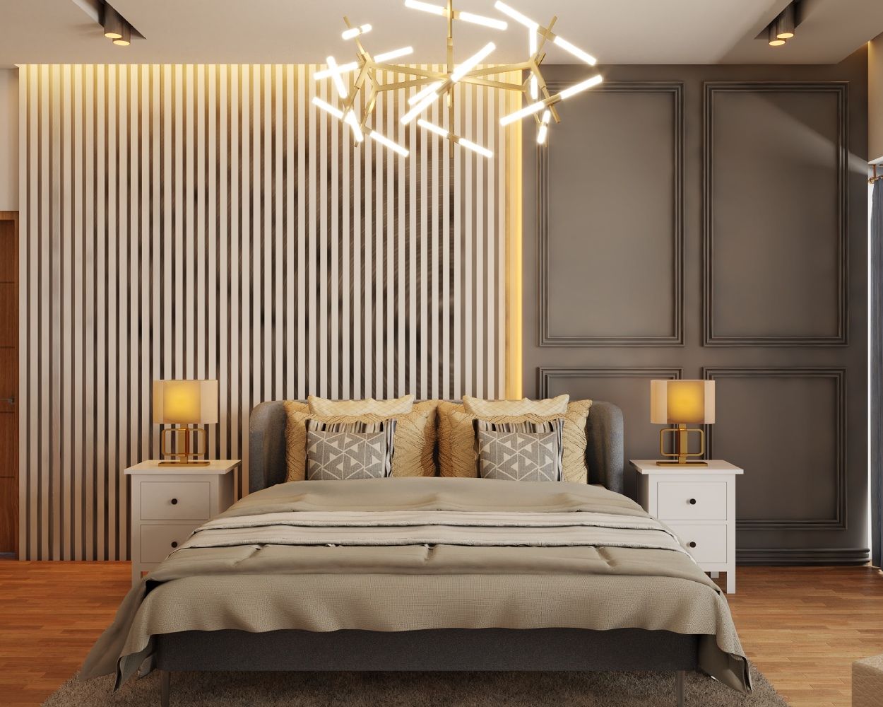 Modern Wall Design With White Fluted Panelling And Grey Trims