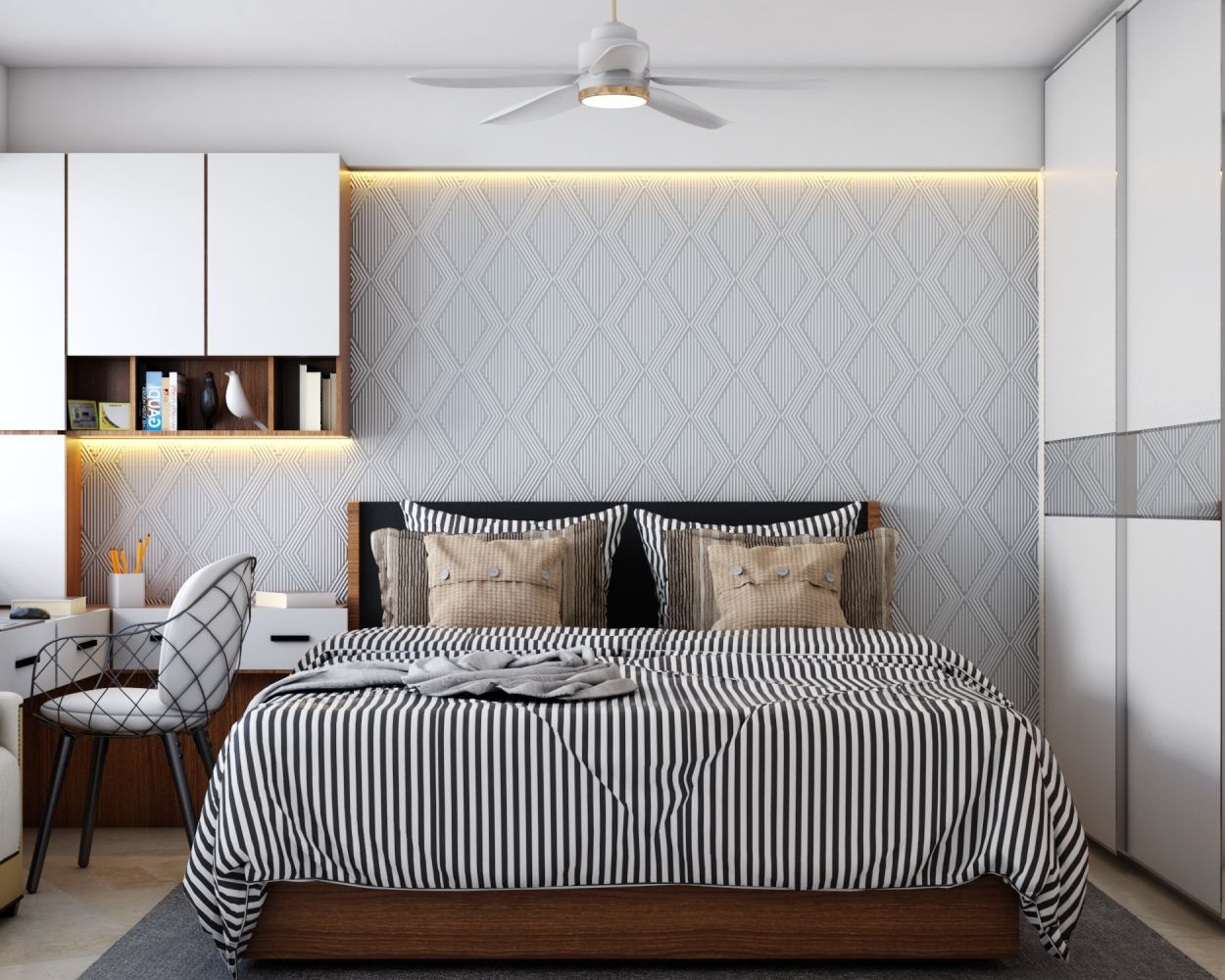 Modern Bedroom Wall Design With A Grey Wallpaper