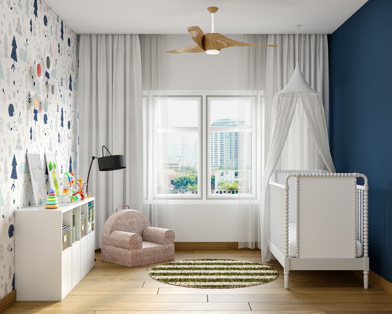 Modern White And Navy Blue Wall Design With VOC Paint