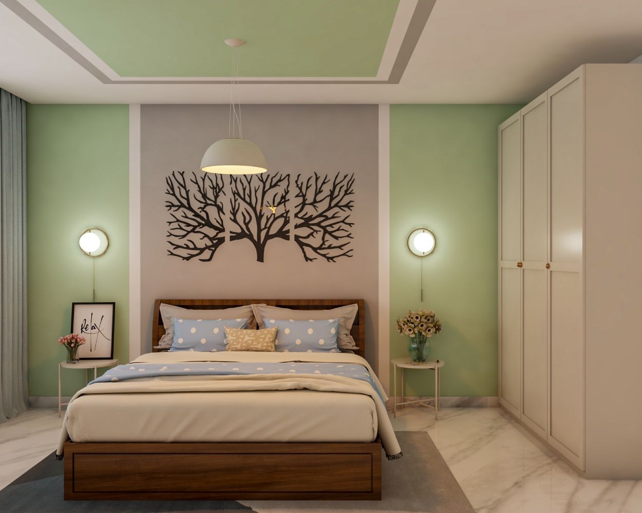 Contrasting Green And Grey Wall Paint Design For Bedrooms | Livspace