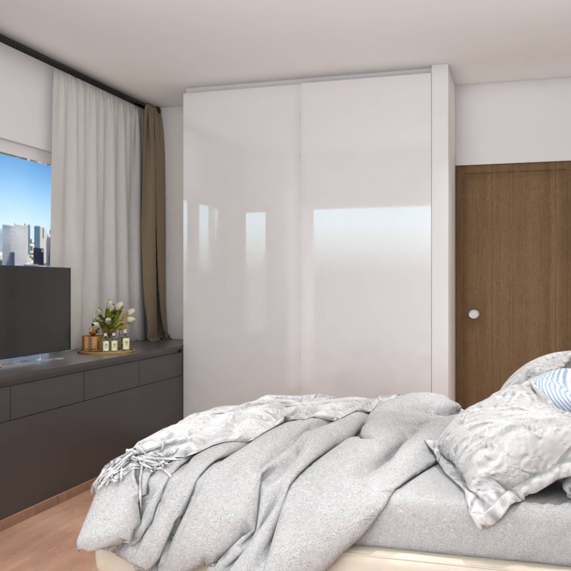 Minimalist Bedroom Design With A White Sliding Wardrobe