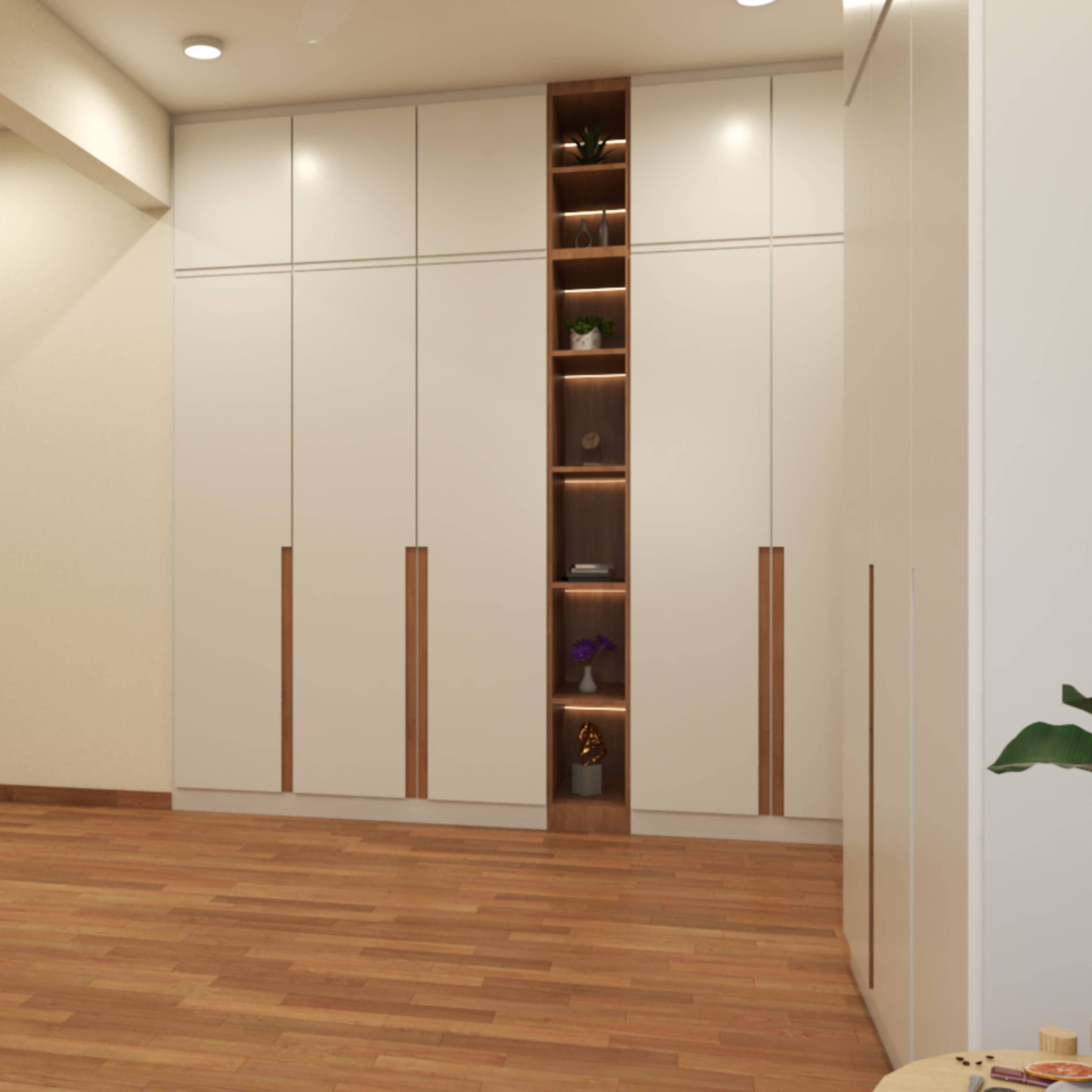 Scandinavian White And Wood Wardrobe Design With Open Shelves